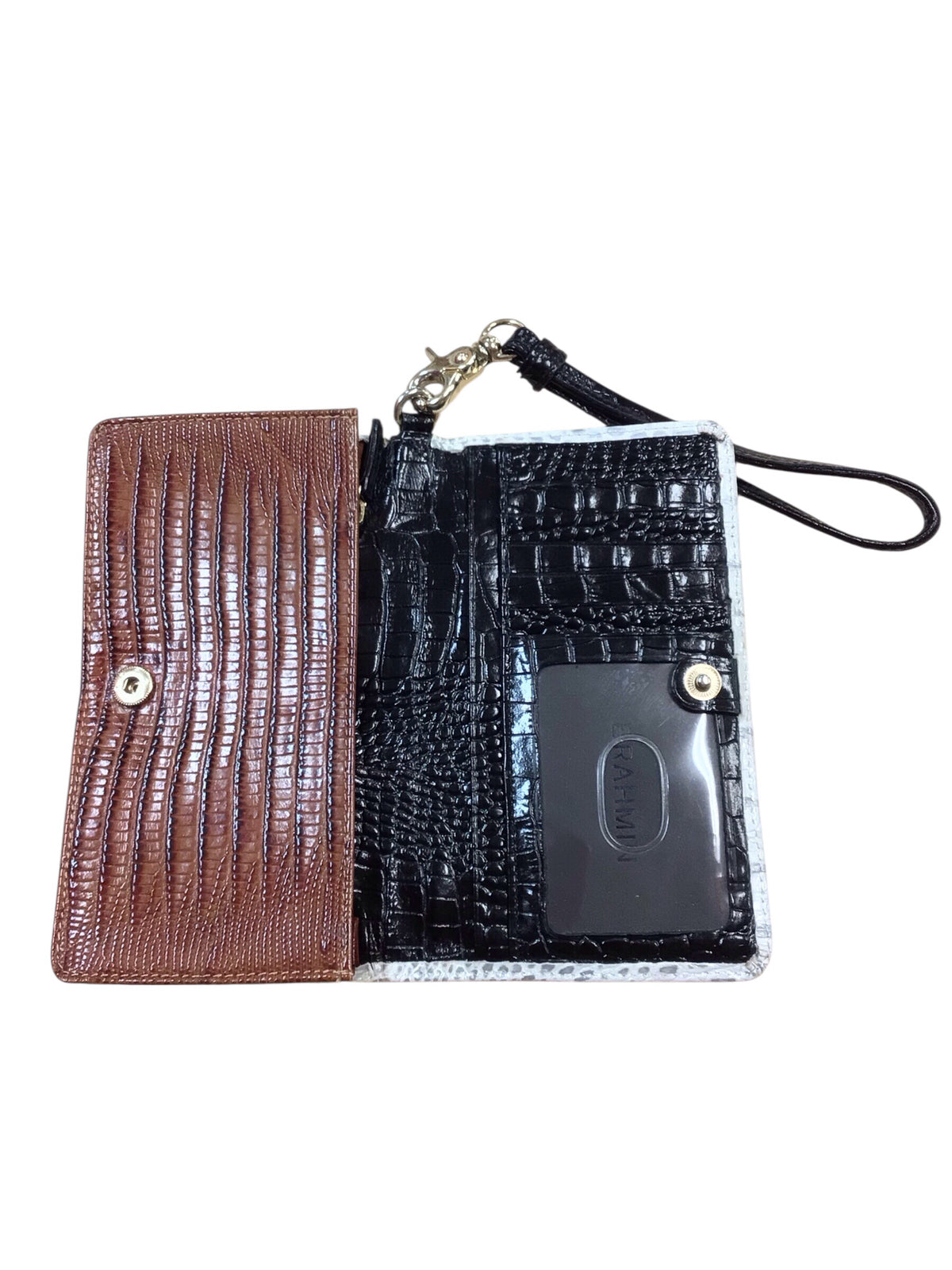 Brahmin White Black & Brown Croc-Embossed Wallet Wristlet