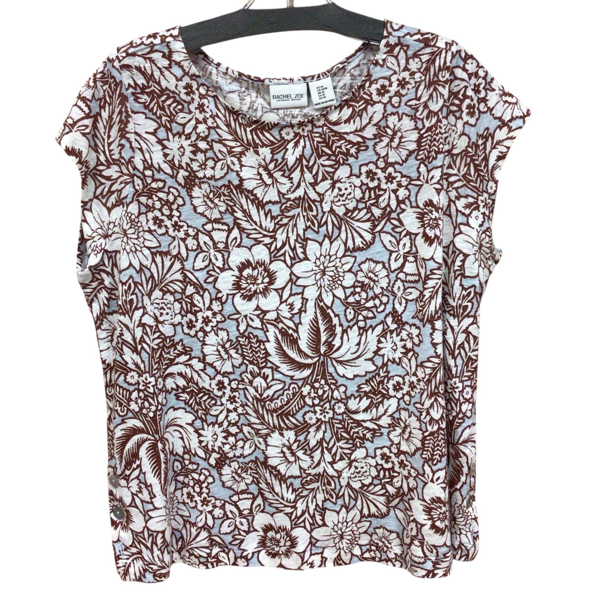 Rachel Zoe Brown & Blue Floral Short Sleeve Top Size Medium NWT