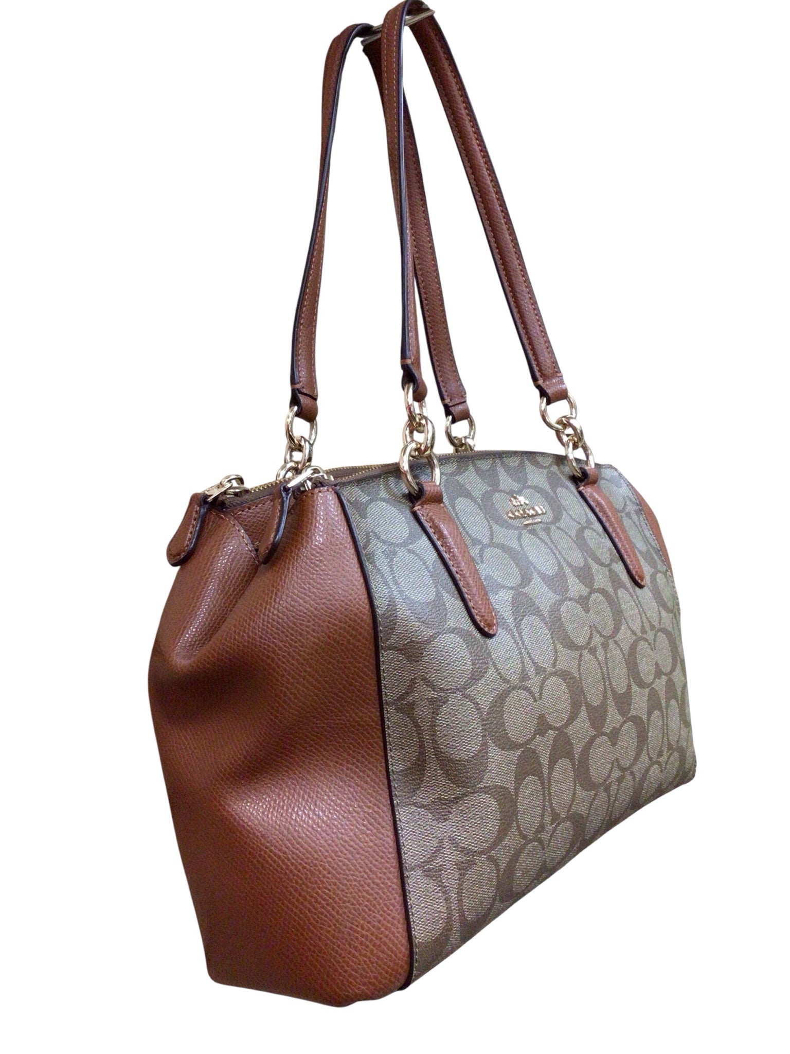 Coach "Christie" Carryall Brown Coated Canvas Monogram Crossbody Satchel
