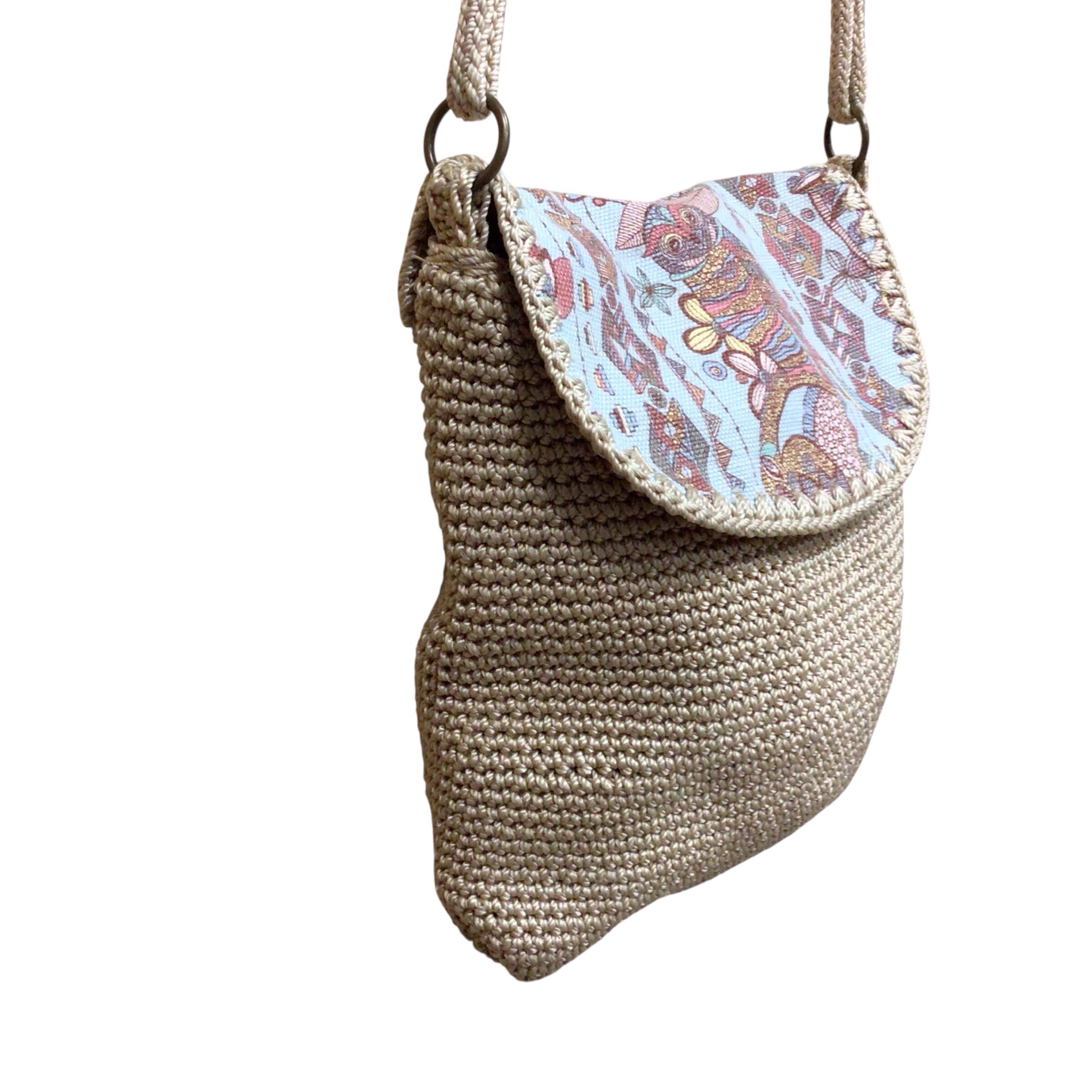 Sakroots Crochet Tan Crossbody Bag with Owl on Front
