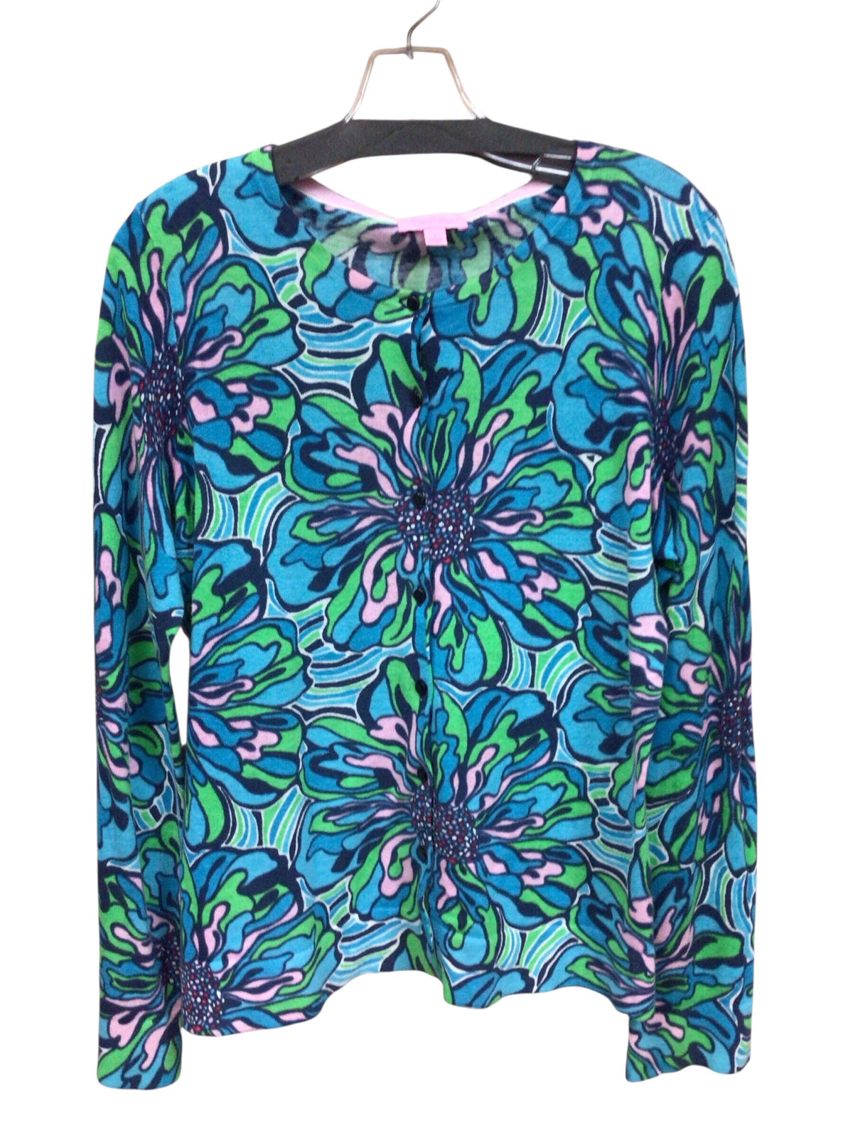 Lilly Pulitzer Blue & Green Long Sleeve Floral Button Down Sweater Size Large