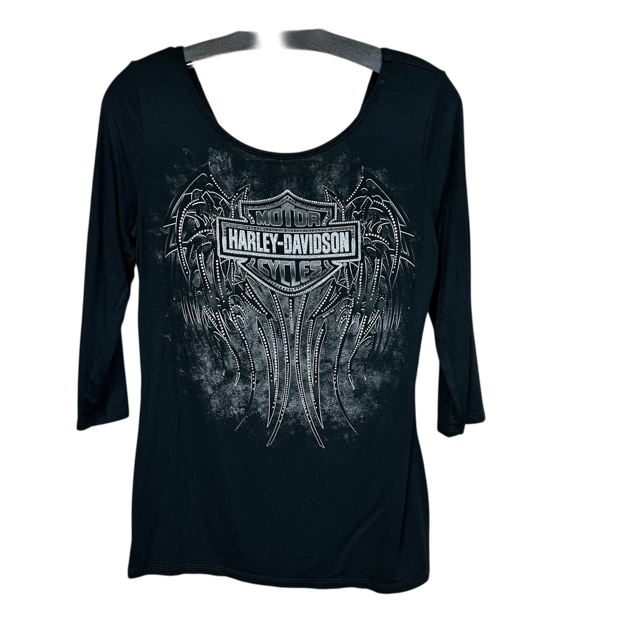 Harley Davidson Black Rhinestone Medium 3/4 Sleeve Top
