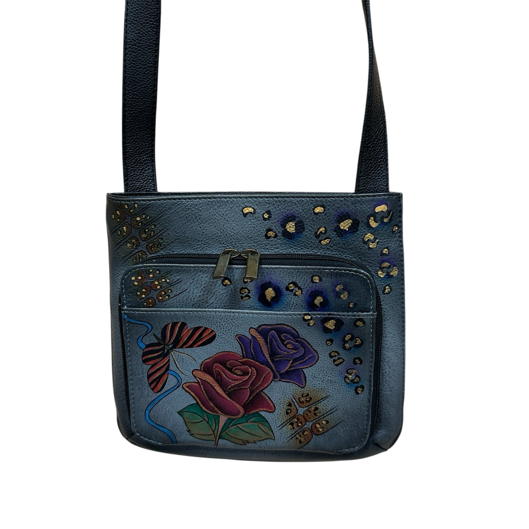 Anna by Anuschka Gray Leather Butterfly and Rose Crossbody Bag