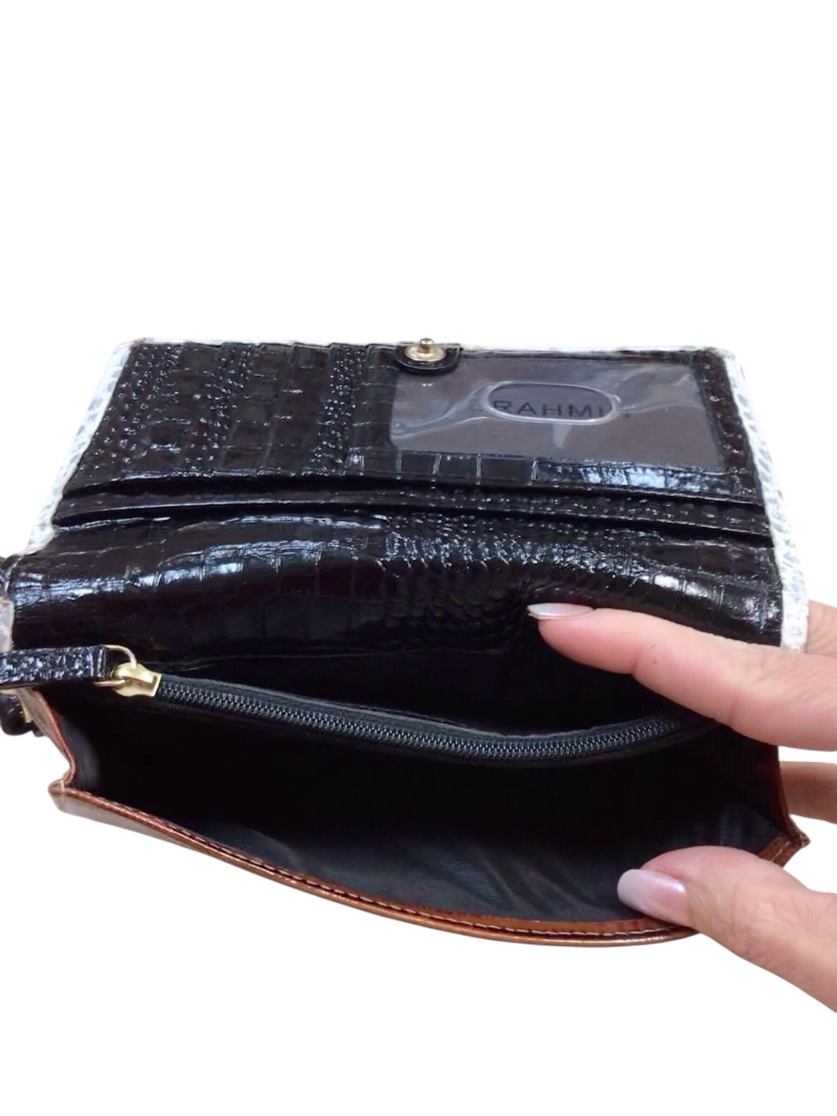 Brahmin White Black & Brown Croc-Embossed Wallet Wristlet