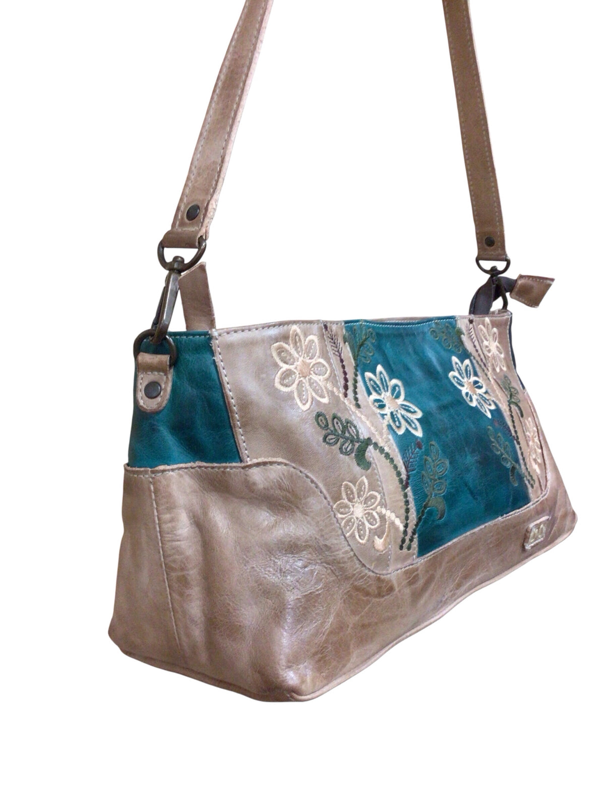Bed Stu "Hyperbolic" Oats Arctic Teal Rustic Embroidered Shoulder Bag