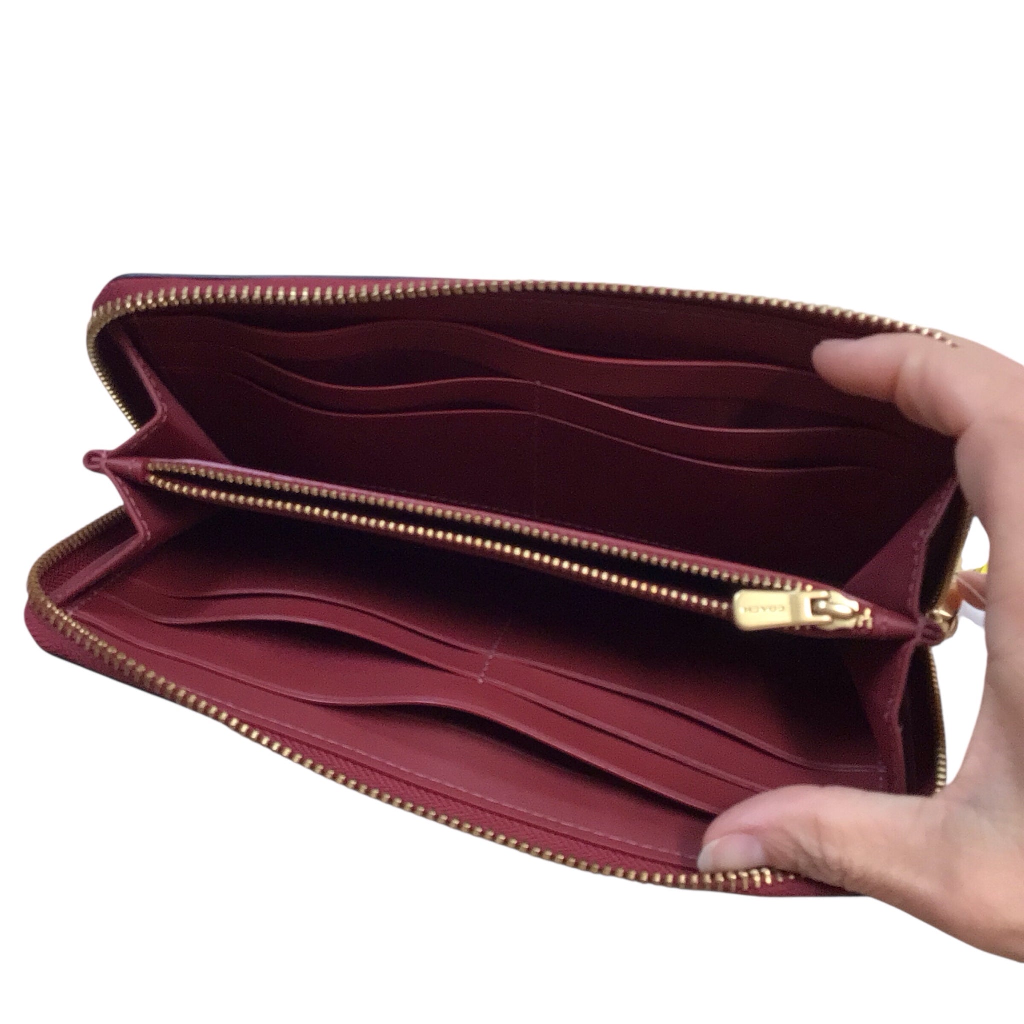 Coach Slim Accordian Cherry Red Leather Zip Around Wallet