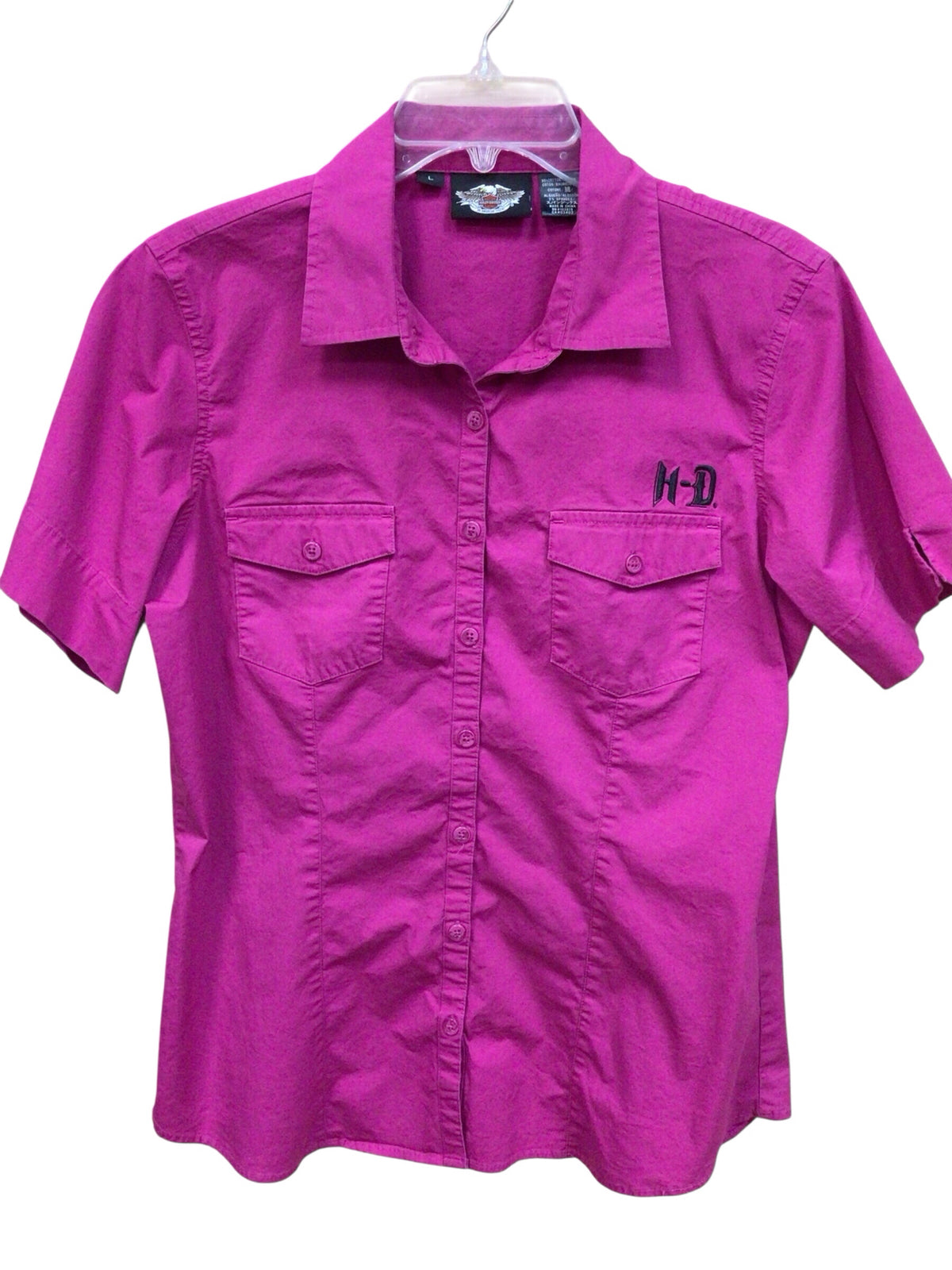 Harley Davidson Magenta Button Down Short Sleeve Top Size Large