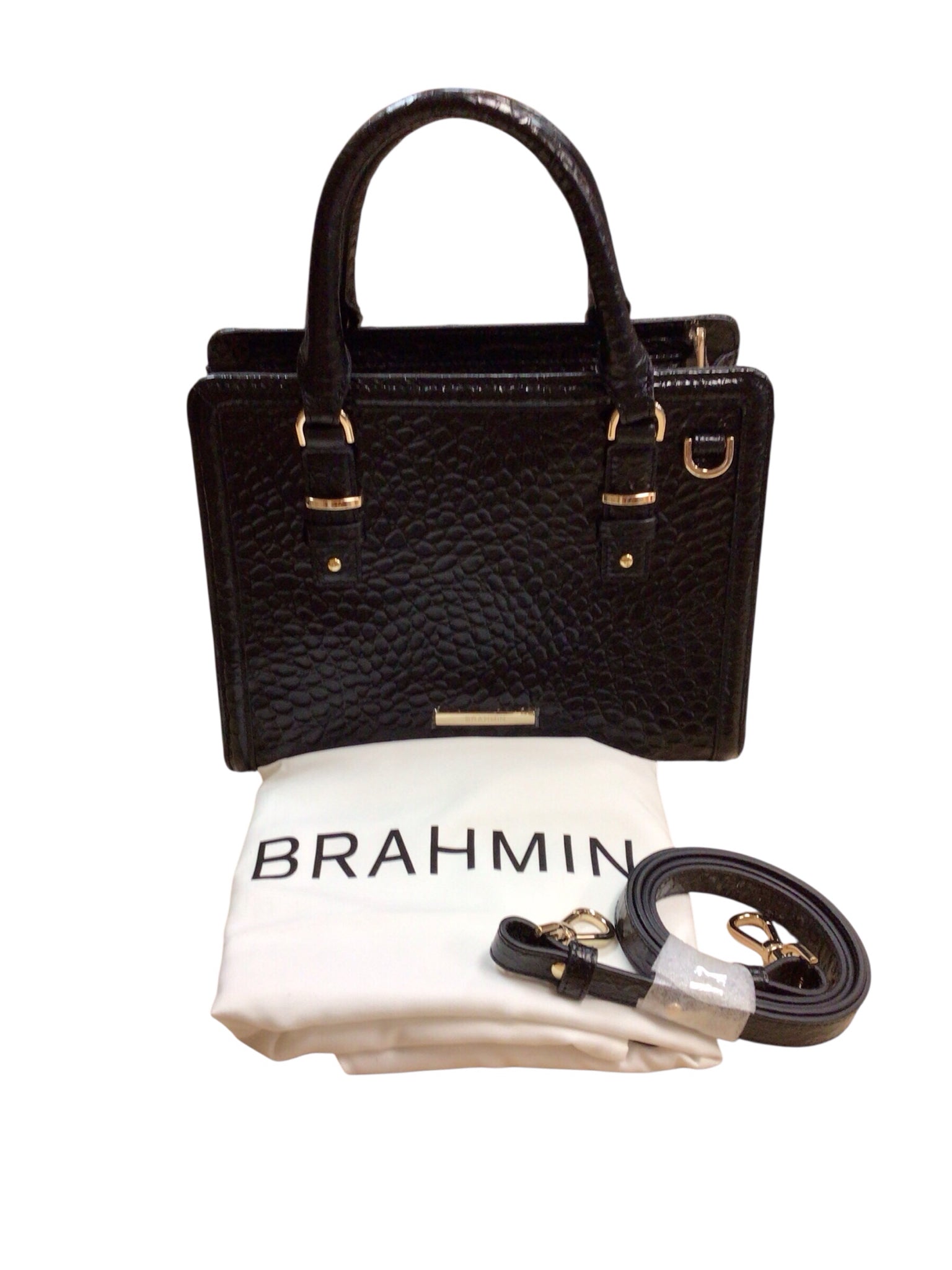 Brahmin "Cami" Black Croc-Embossed Leather Crossbody Satchel