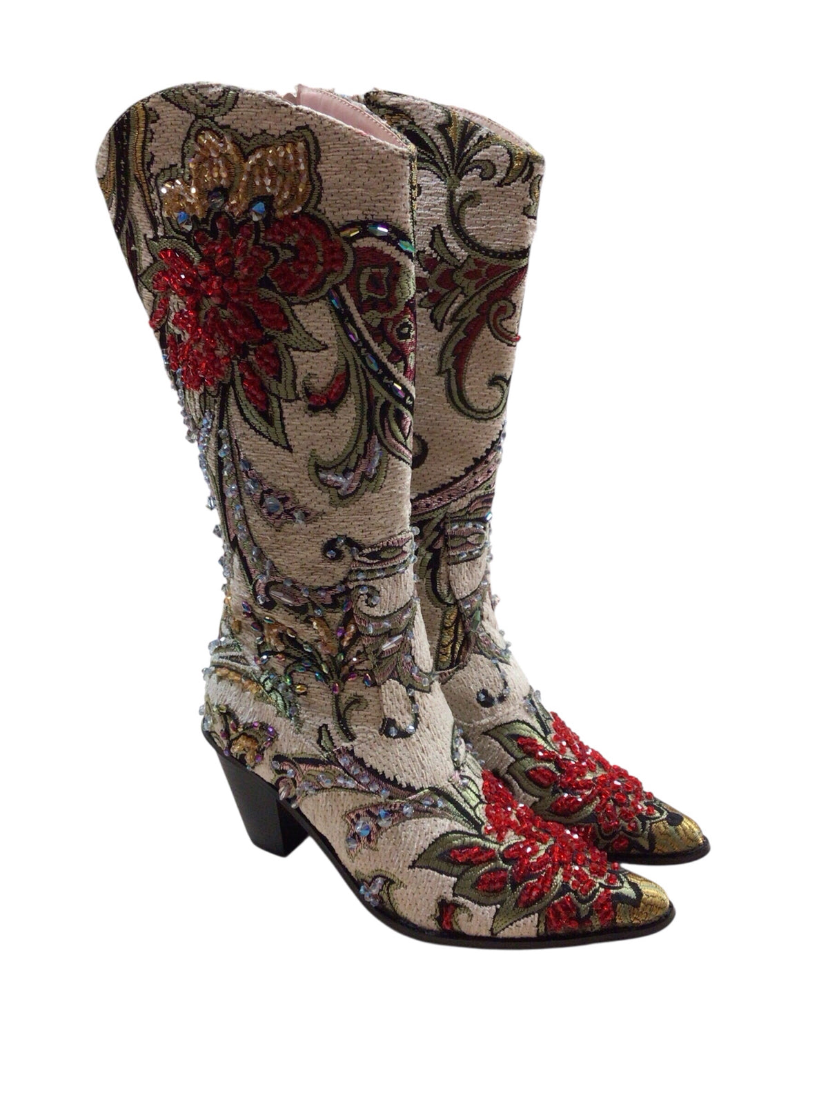 Helen's Heart Beige Colored Lined Tapestry Couture Bling Boots Size 7