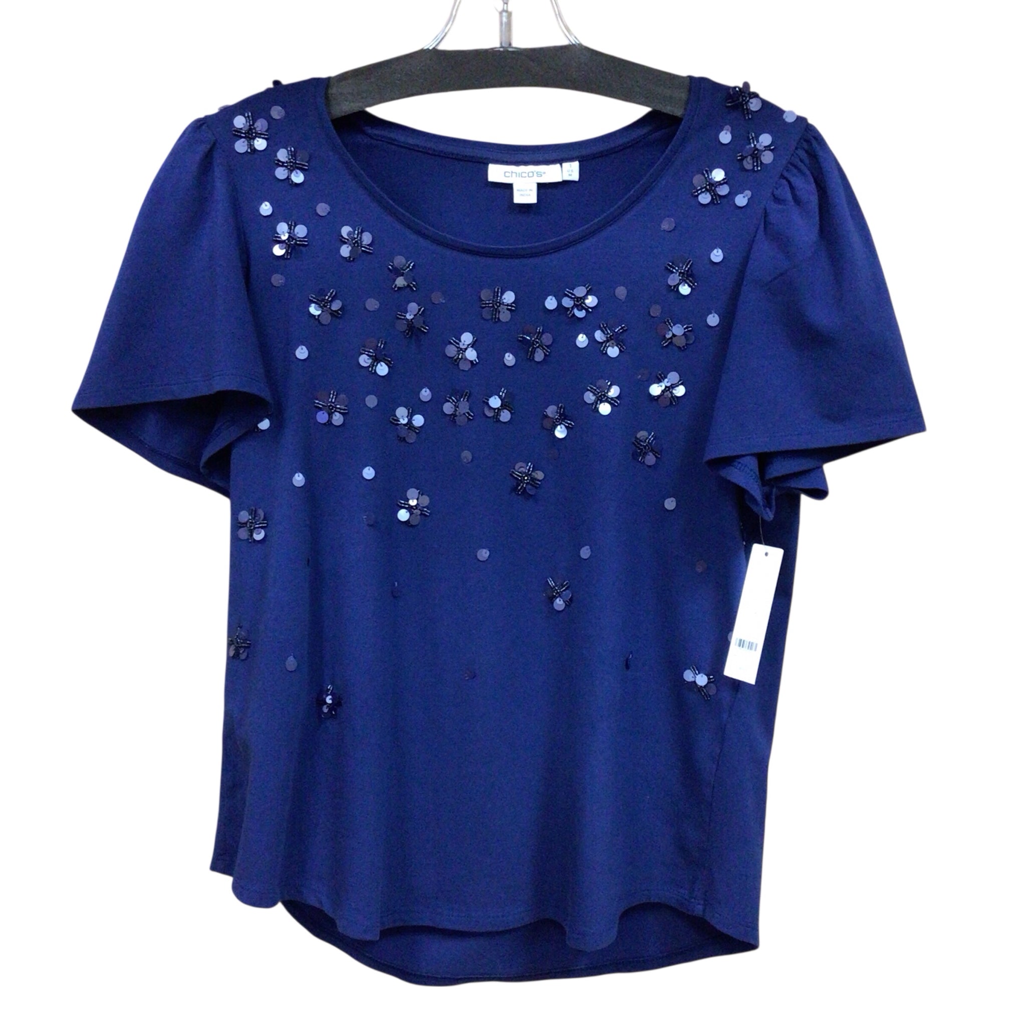 Chico's Size Blue Short Sleeve Knit Sequin Top Size Medium NWT