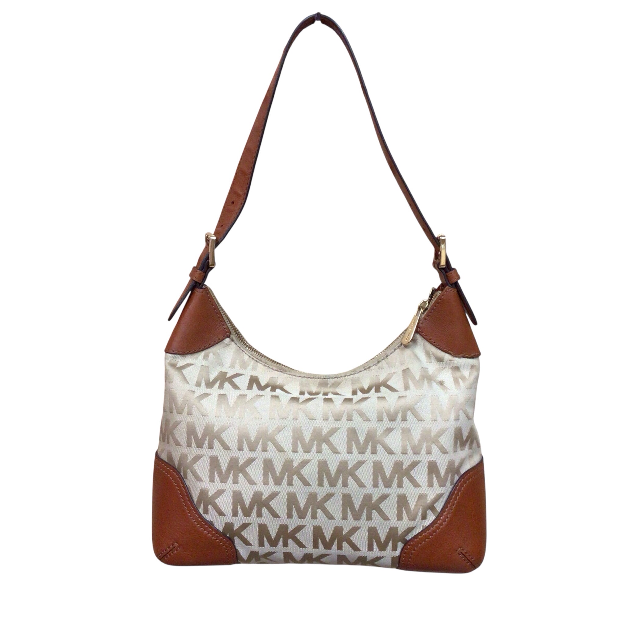 Michael Kors "Millbrook" Signature Logo Jacquard Tan Shoulder Bag