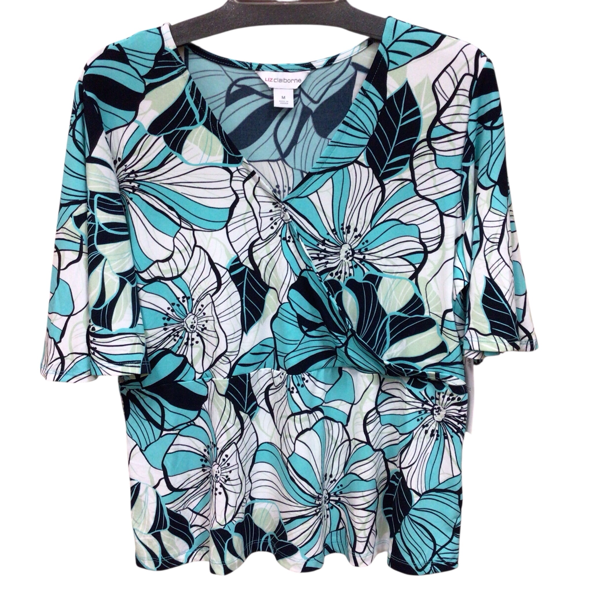 Liz Claiborne Blue Floral Short Sleeve Top Size Medium NWT