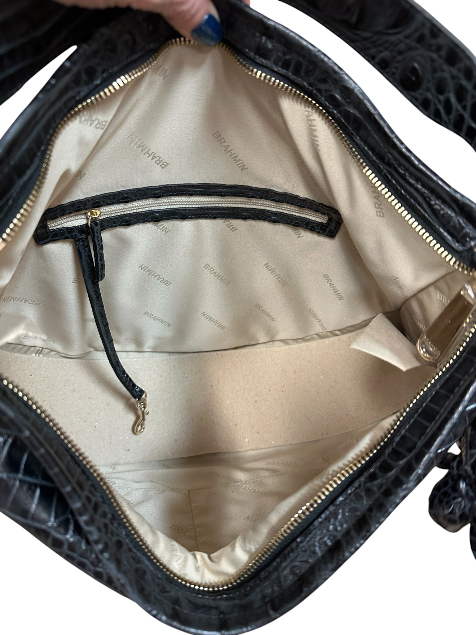 Brahmin Croc Embossed Black "Kathleen Rose" Leather Shoulder Bag