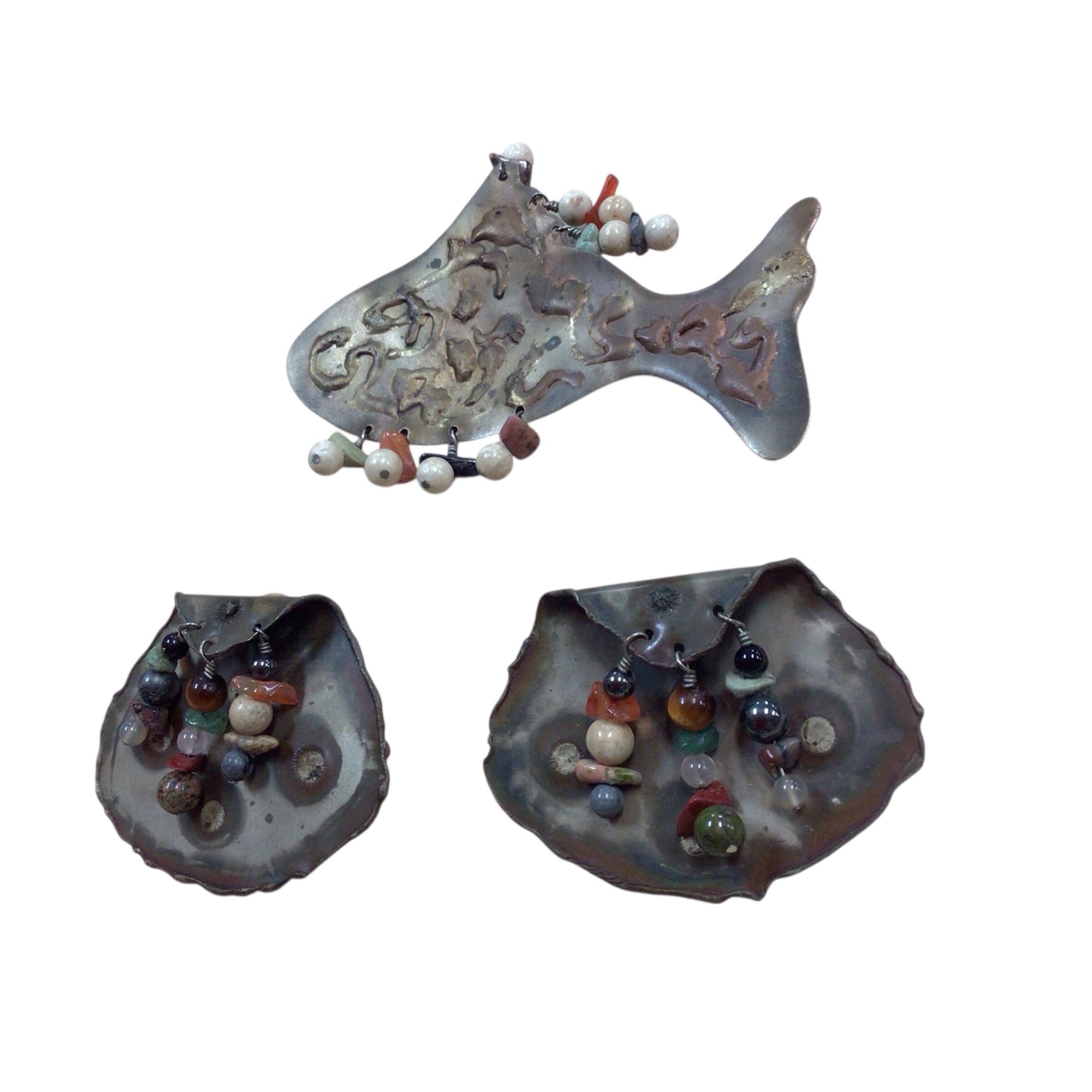 Handcrafted Artisan Fish Pin and Post Earrings Set