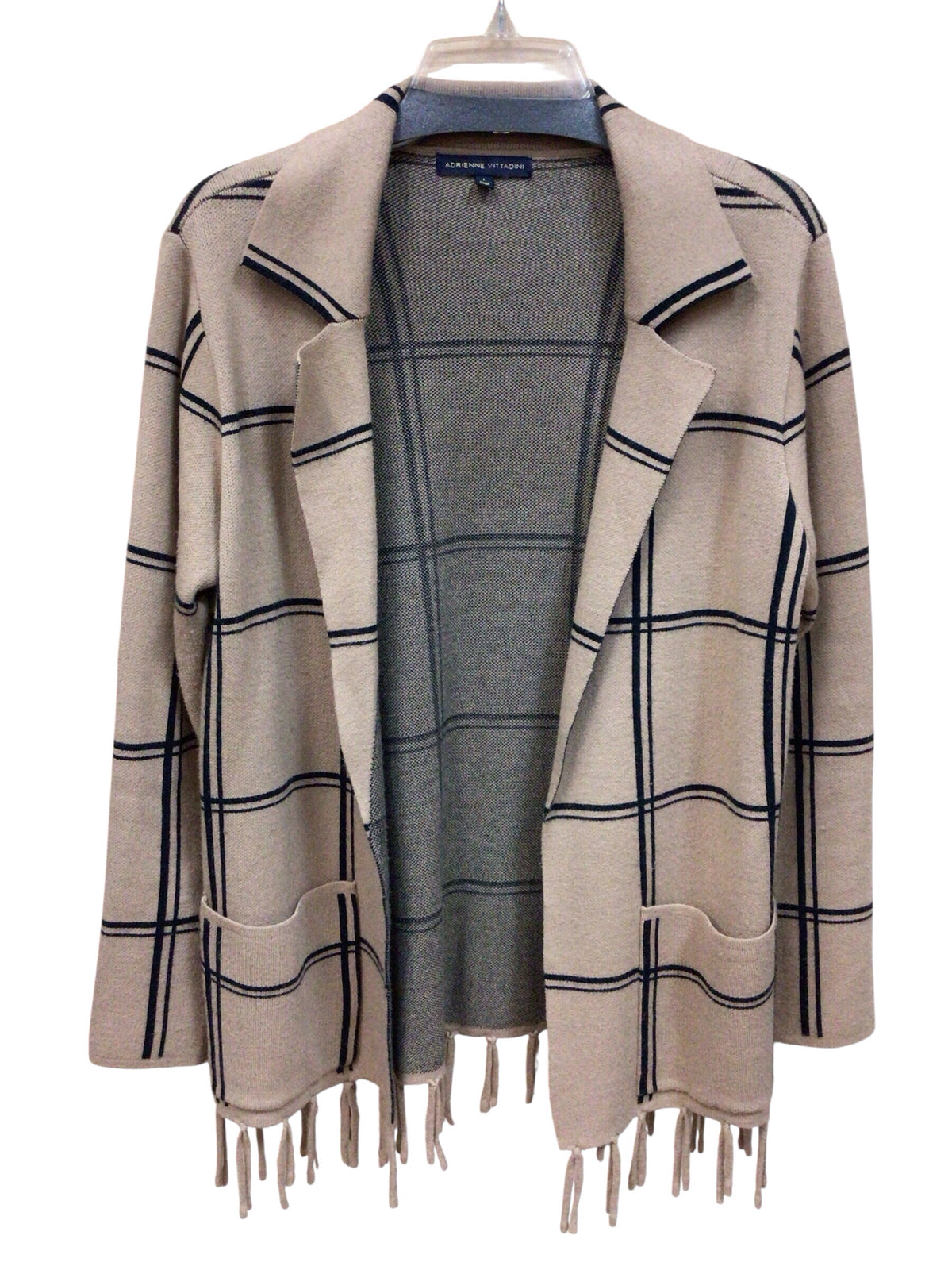 Adrienne Vittadini Tan & Black Plaid Long Sleeve Open Cardigan Size Large