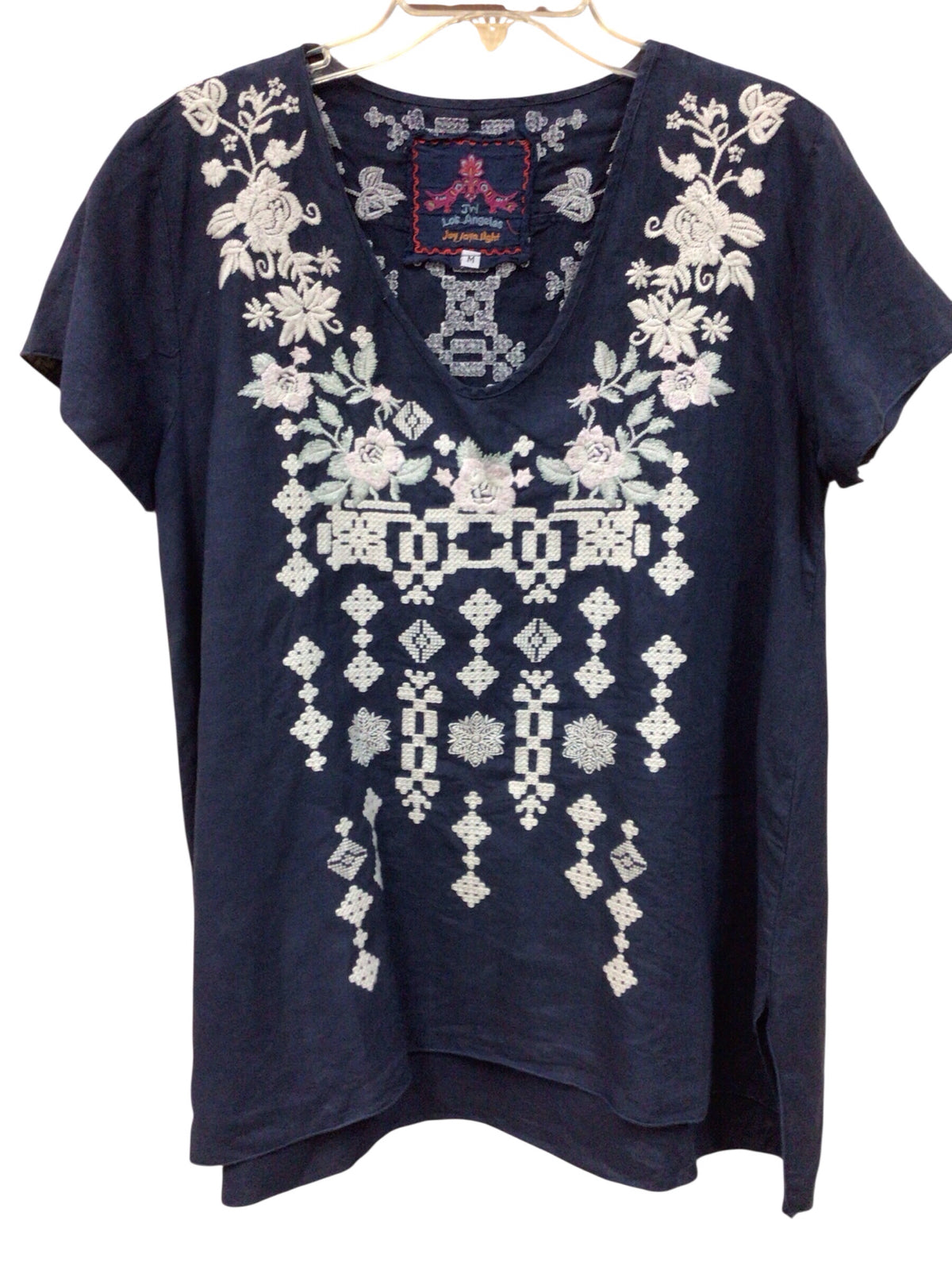 Johnny Was JW Los Angeles Joy Love Light Short Sleeve Navy Top Size Medium