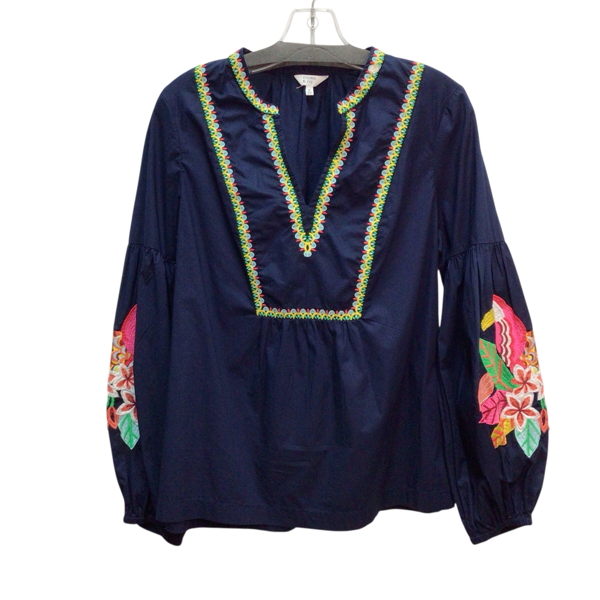 Crown & Ivy Navy Parrot Long Sleeve Top Size M NWT