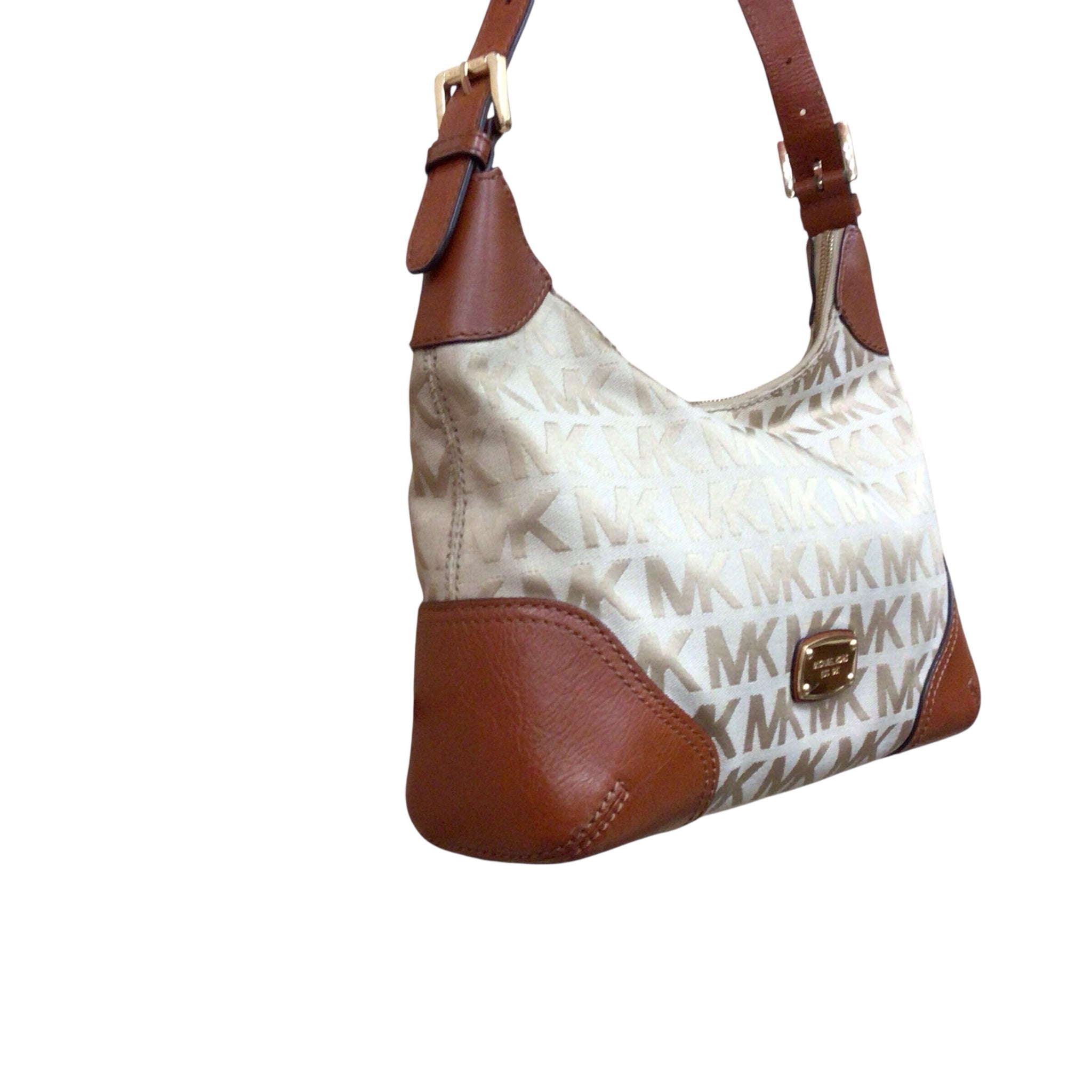 Michael Kors "Millbrook" Signature Logo Jacquard Tan Shoulder Bag