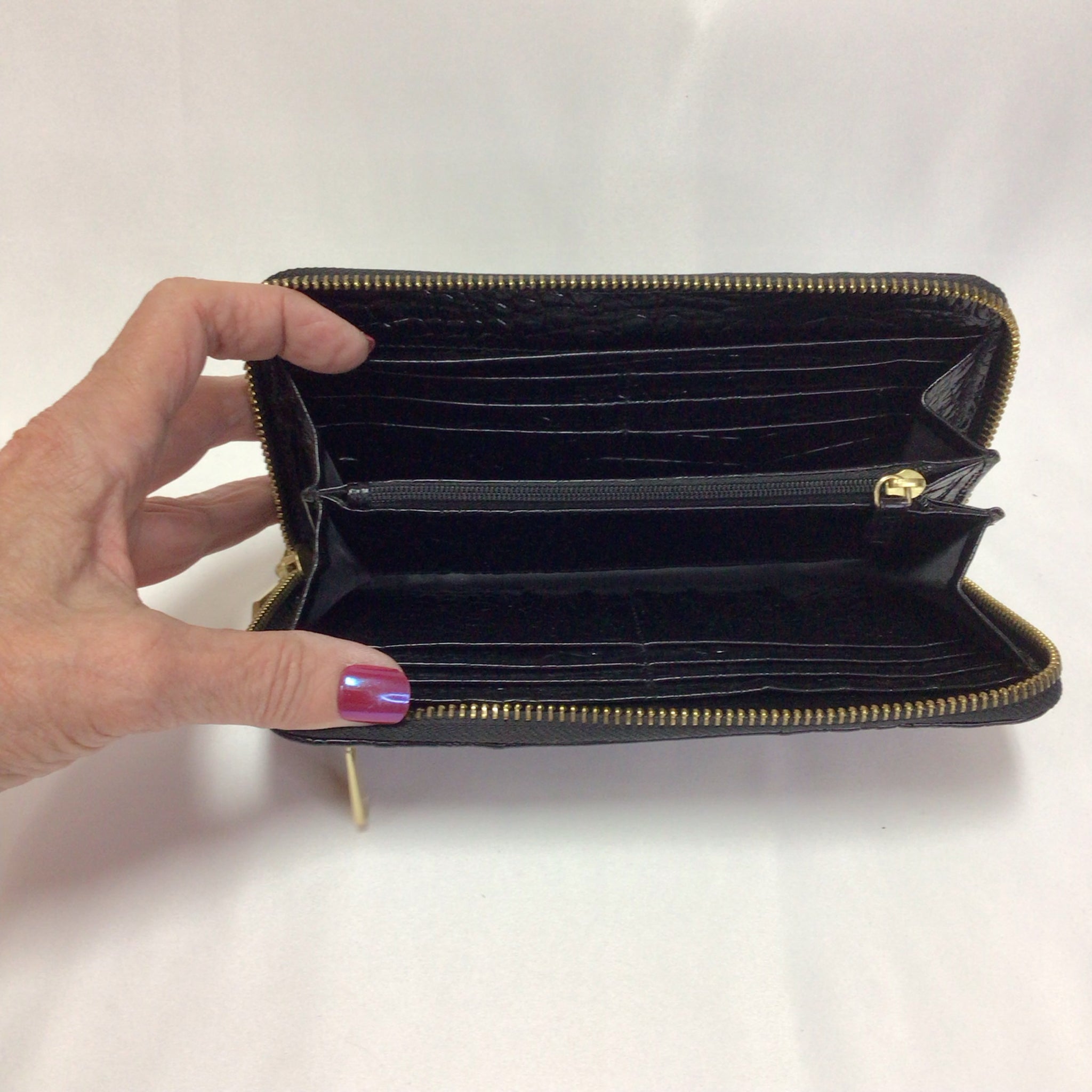 Brahmin Croc Embossed Black Leather Zip Around Wallet