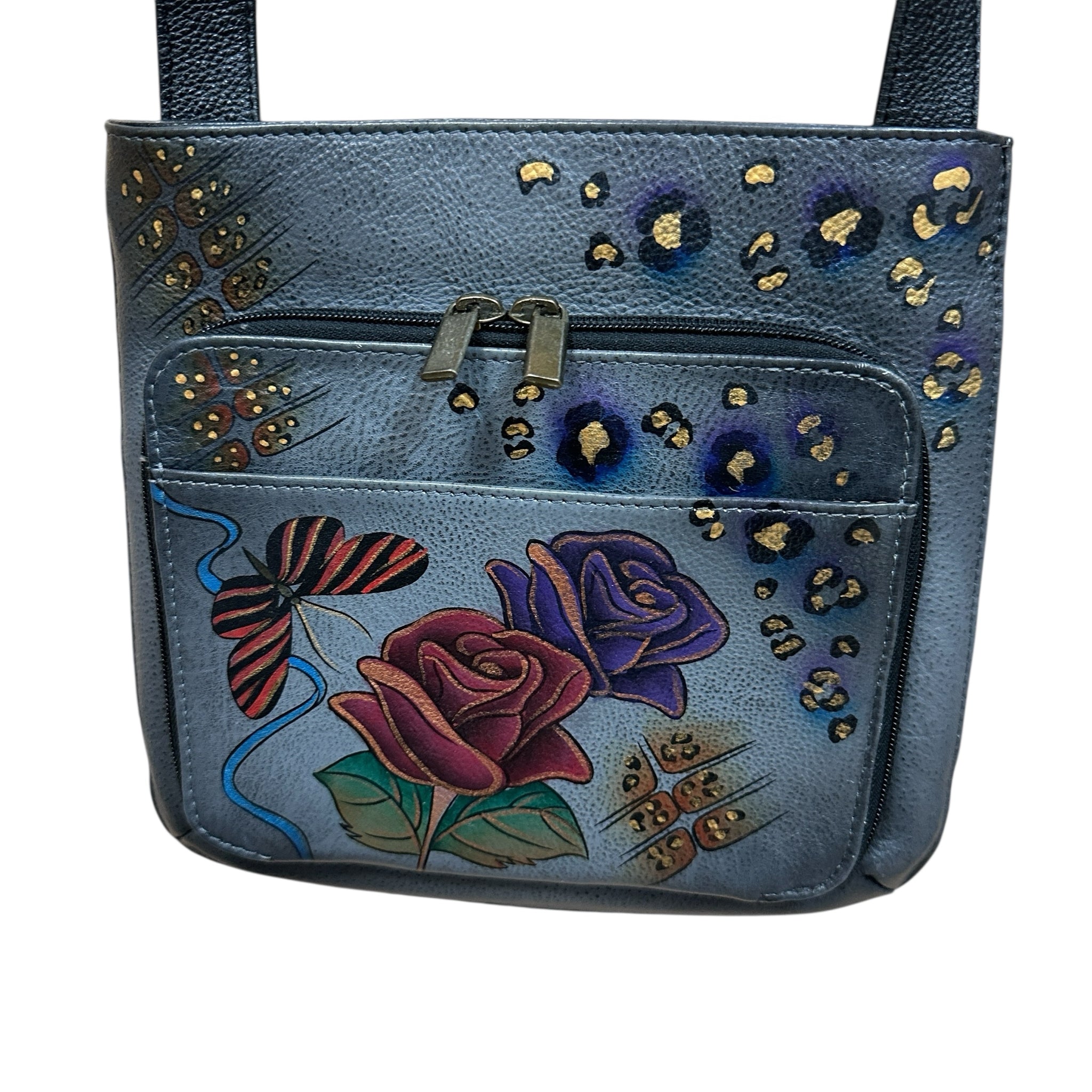 Anna by Anuschka Gray Leather Butterfly and Rose Crossbody Bag