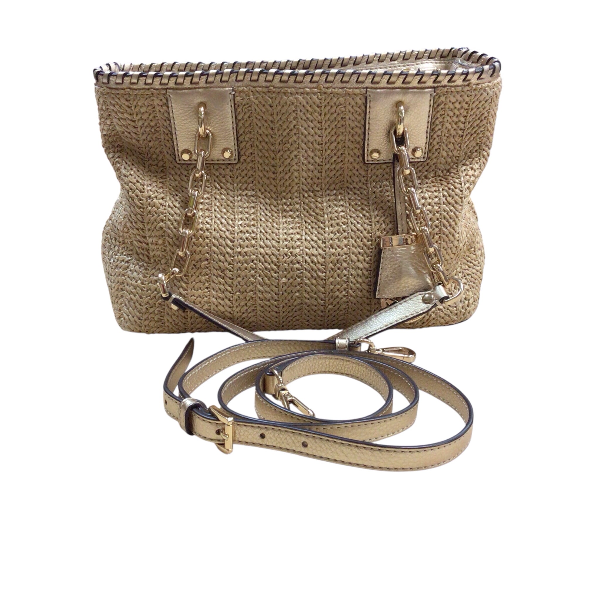 Michael Kors "Rosalie" Woven Straw & Leather Shoulder Bag