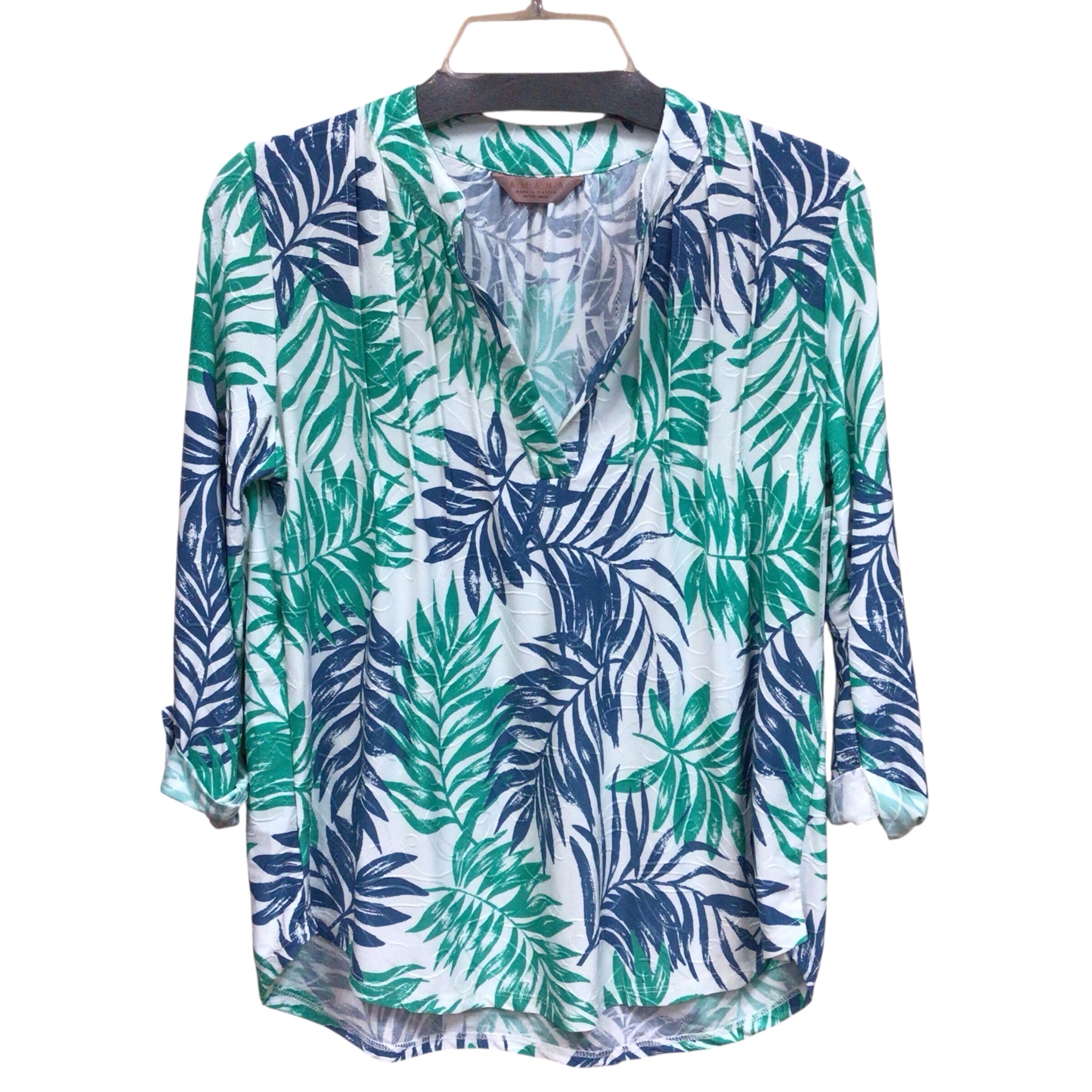 Amana Blue & Green Tropical 3/4 Sleeve Top Size Petite Small