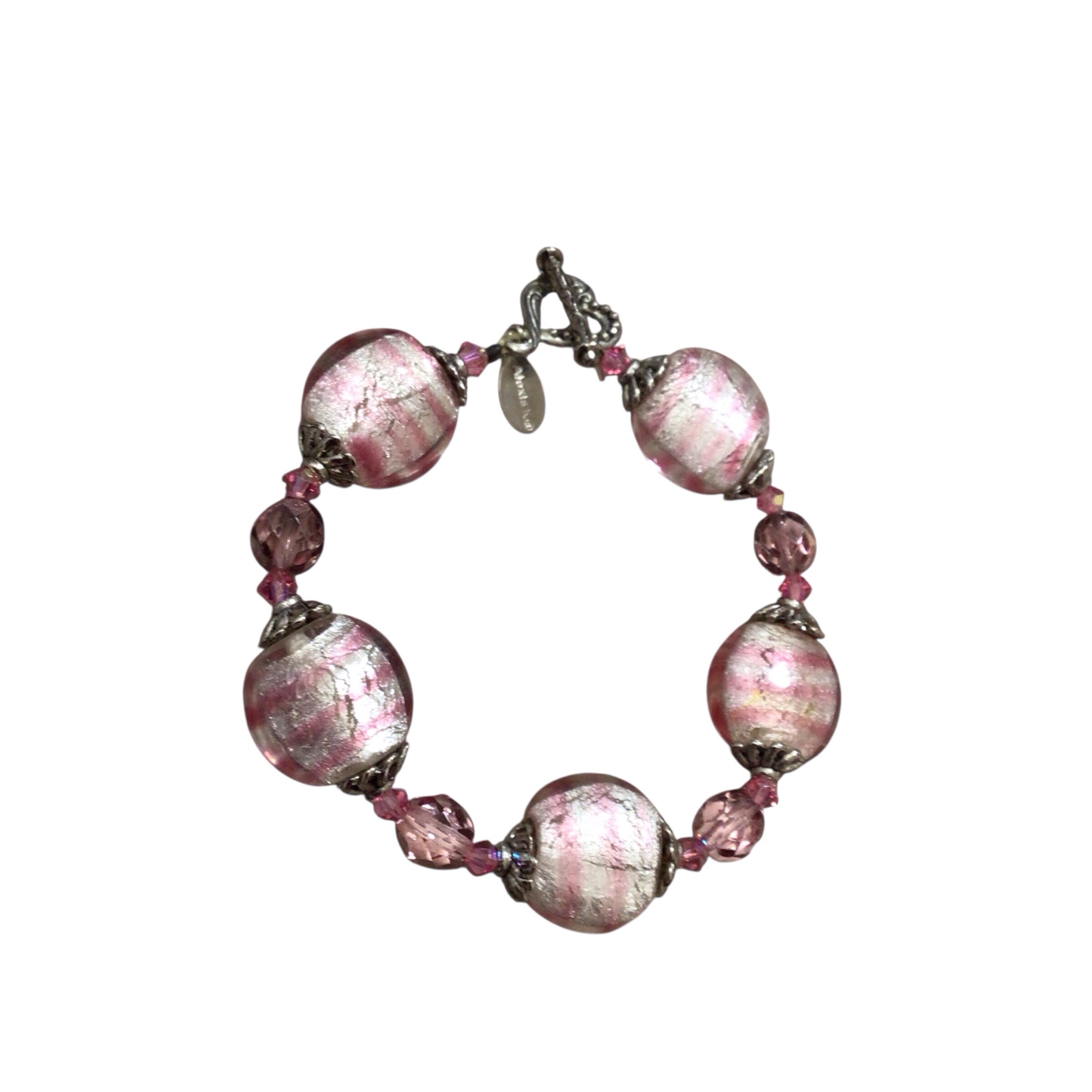 Alexis K Murano Glass Silver Pink Bracelet with Heart Toggle