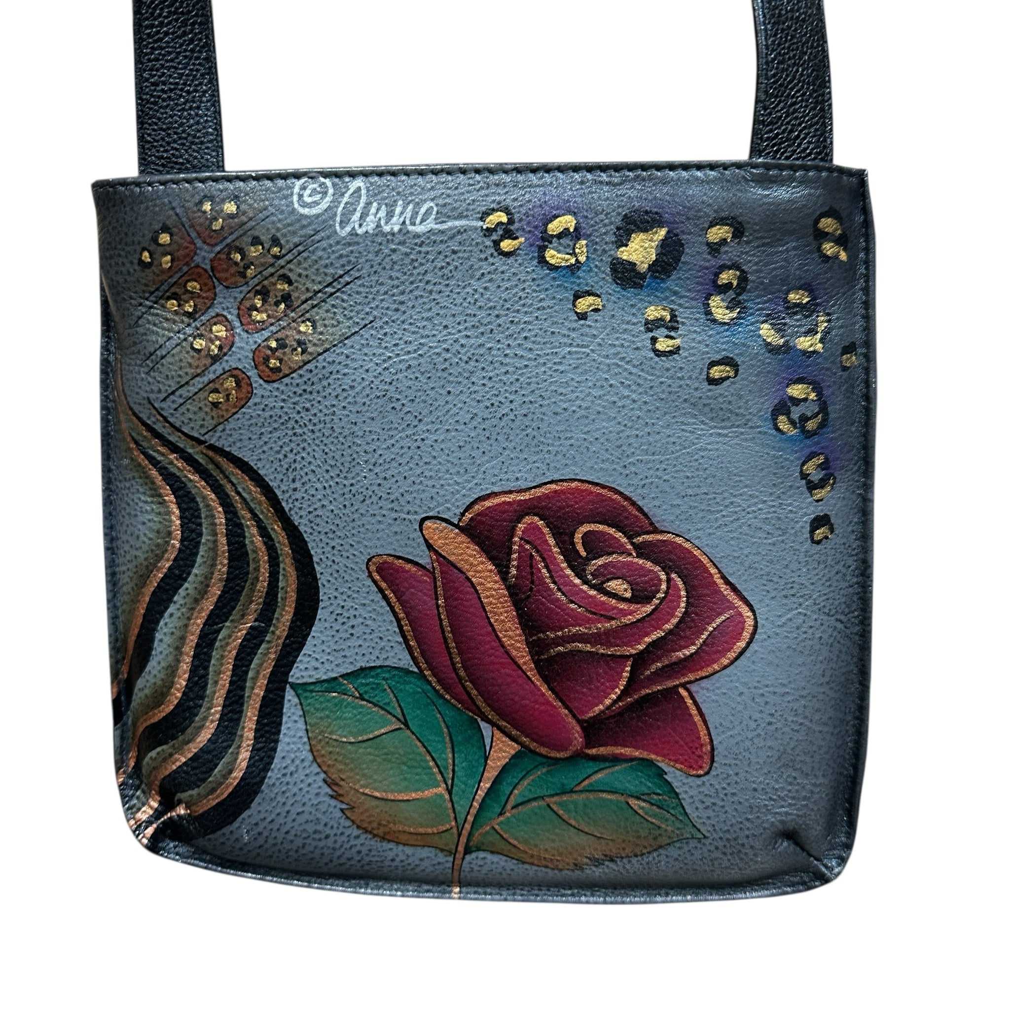Anna by Anuschka Gray Leather Butterfly and Rose Crossbody Bag