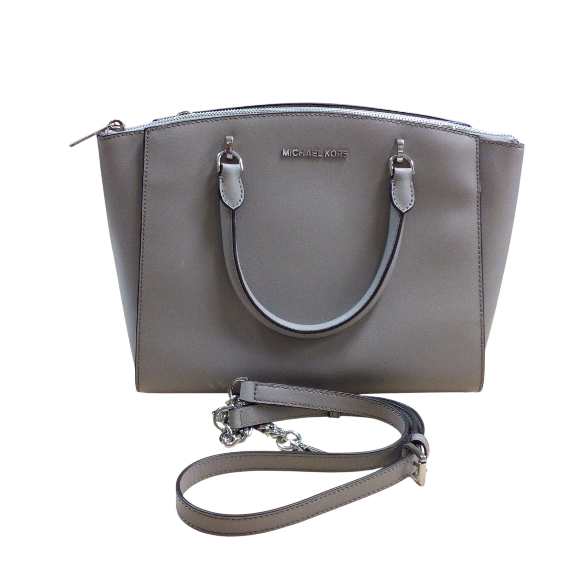 Michael Kors "Ellis" Large Gray Leather Satchel Crossbody Bag