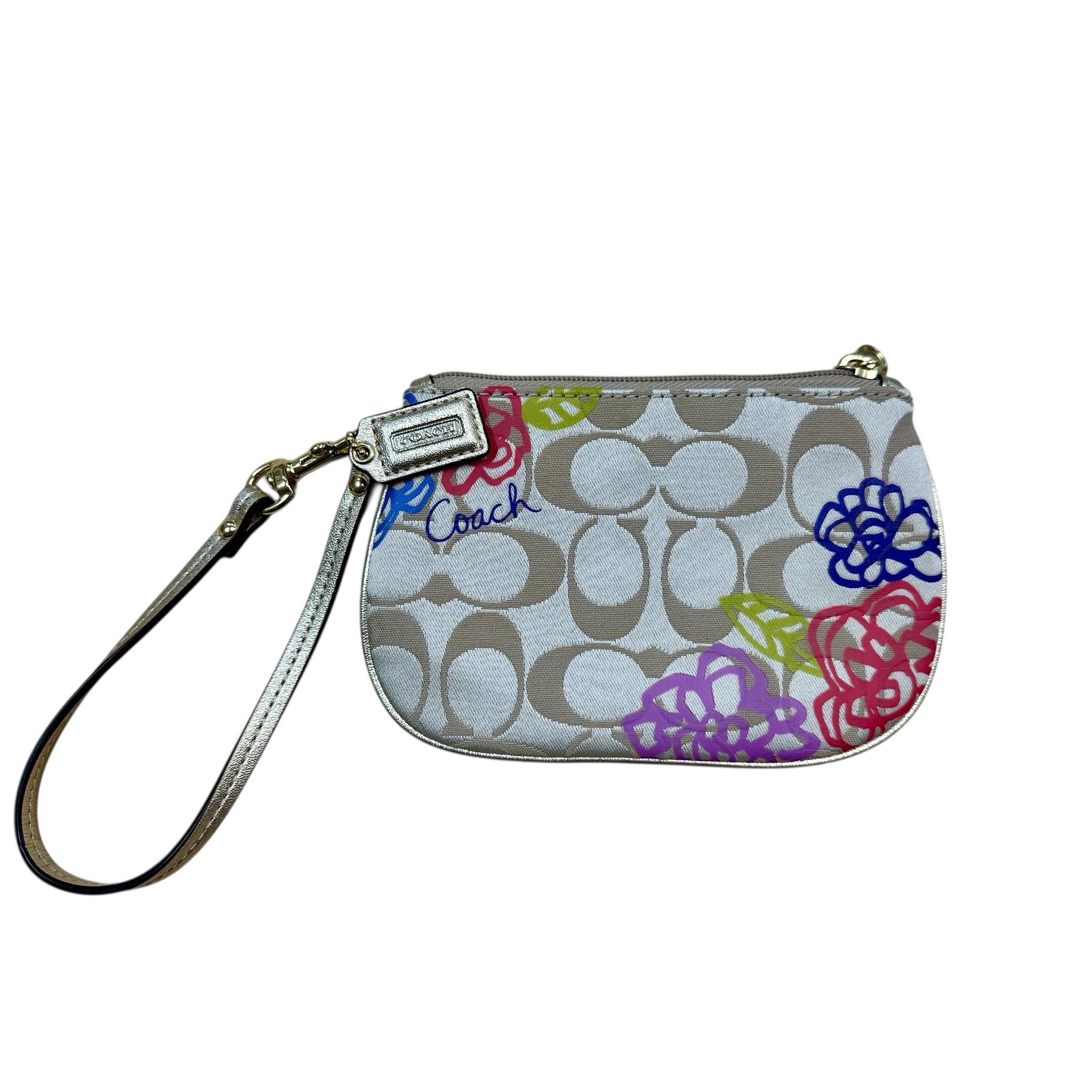 Coach Tan & Gold Signature Canvas Floral Wristlet
