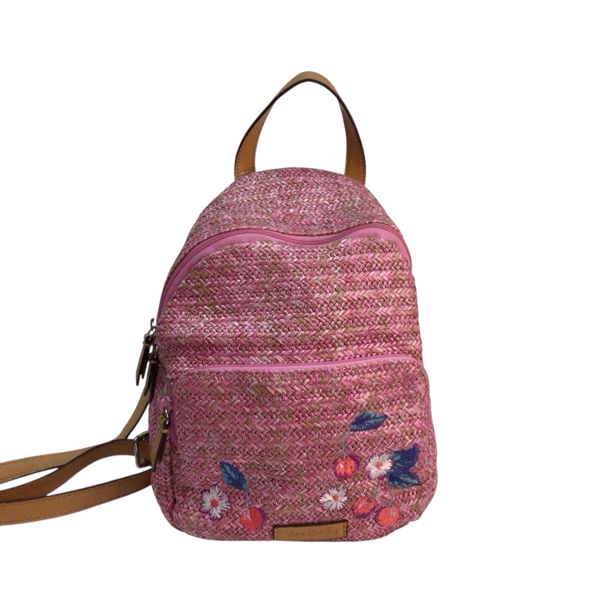 Vera Bradley Pink Straw Cherry Double Compartment Mini Backpack Handbag