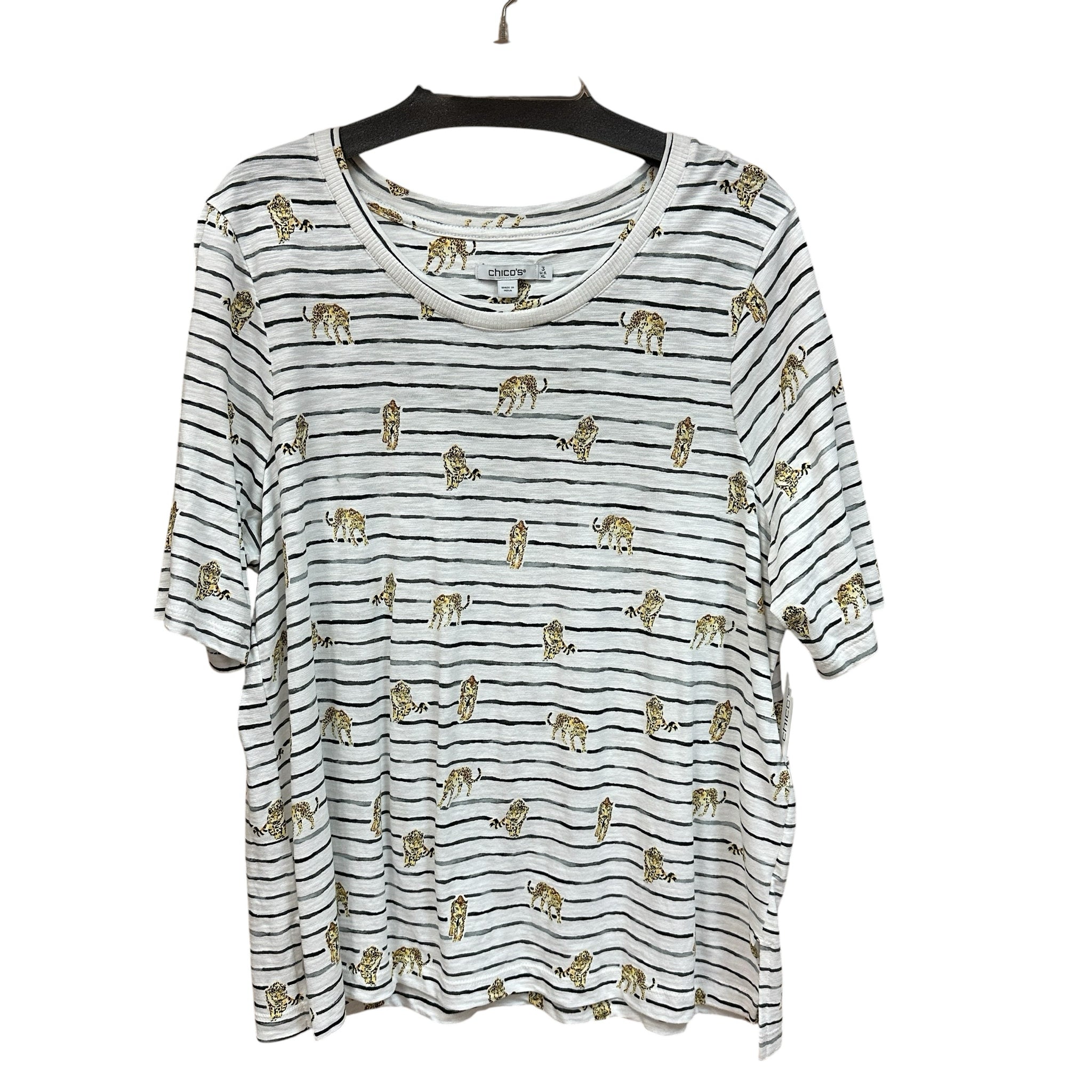 Chicos Cotton Slub Leopard Lines Rip Mix Short Sleeve Tee Size XL