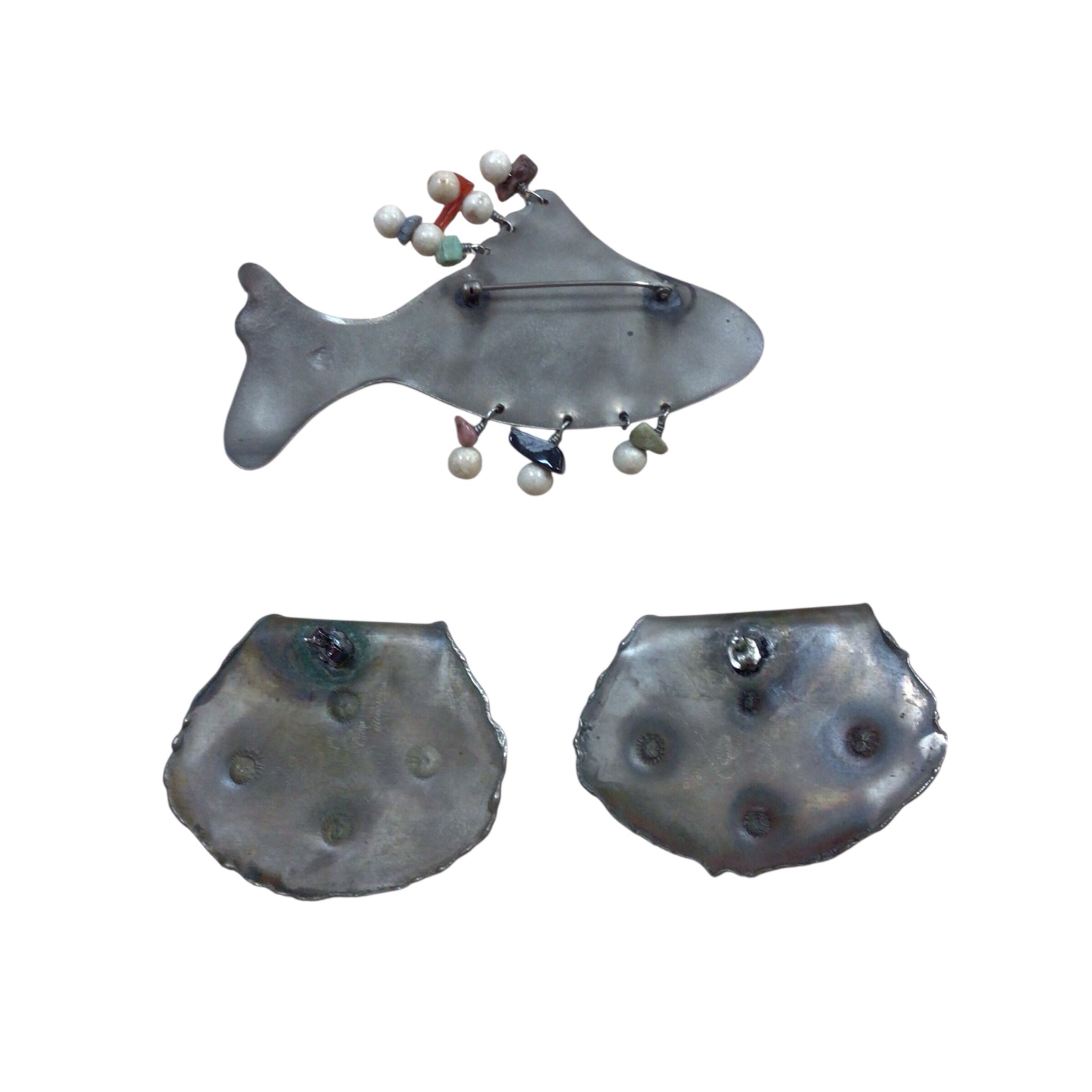 Handcrafted Artisan Fish Pin and Post Earrings Set