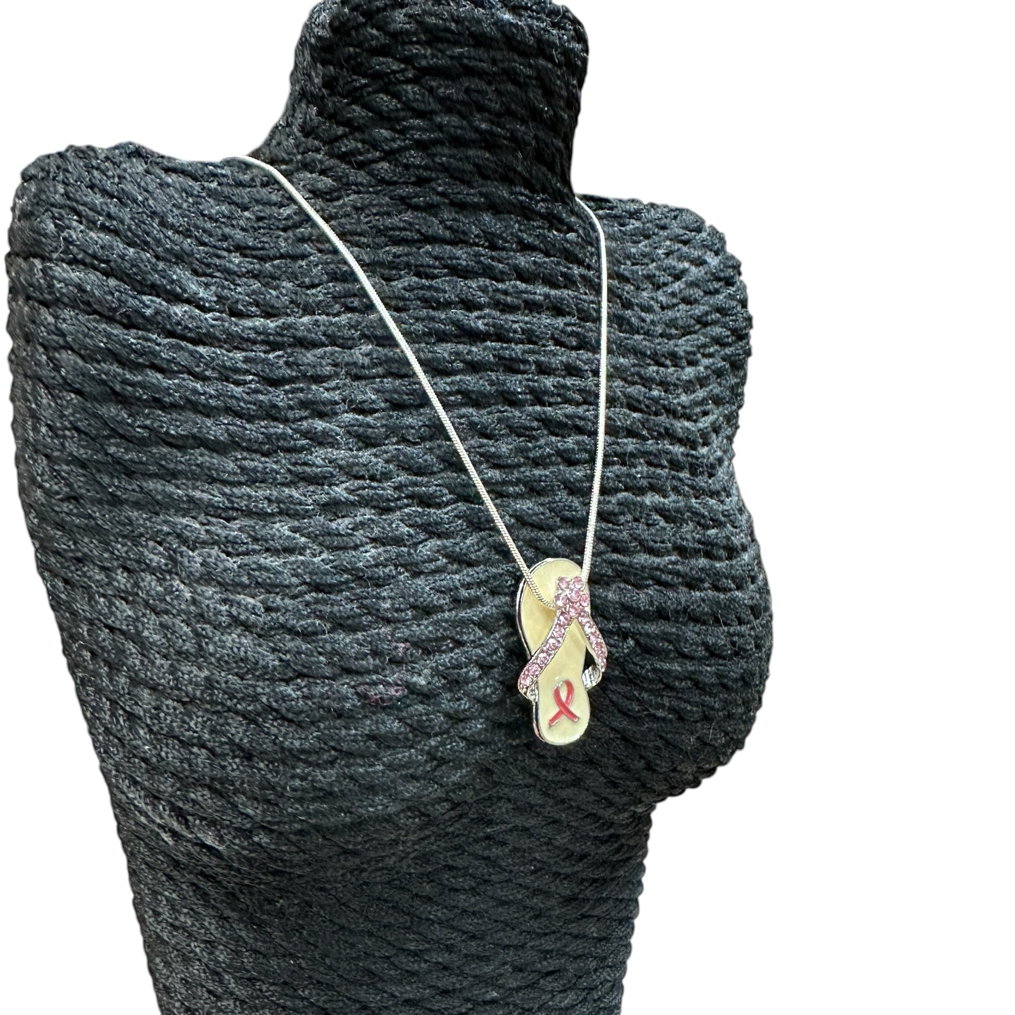 Sterling Silver Breast Cancer Flip Flop Necklace with Pink CZ