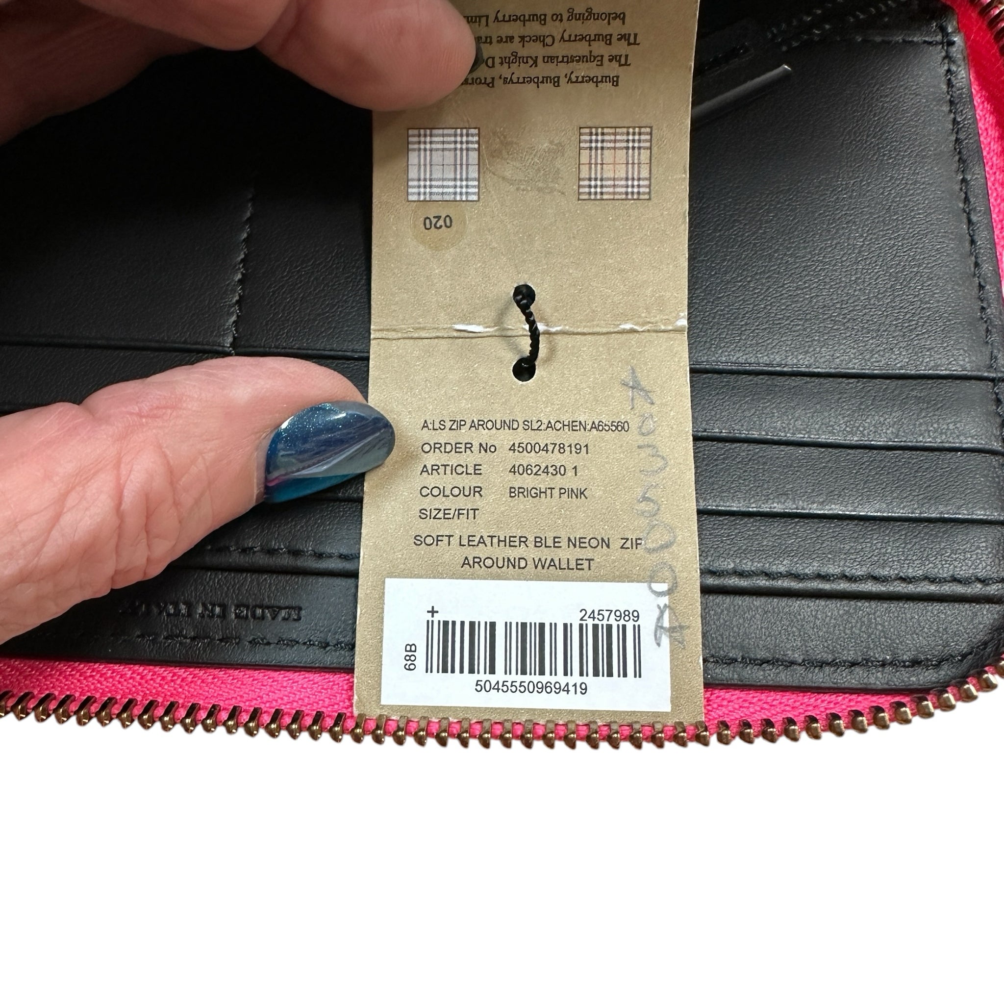 Burberry Bright Pink Zip Around Grained Leather Wallet