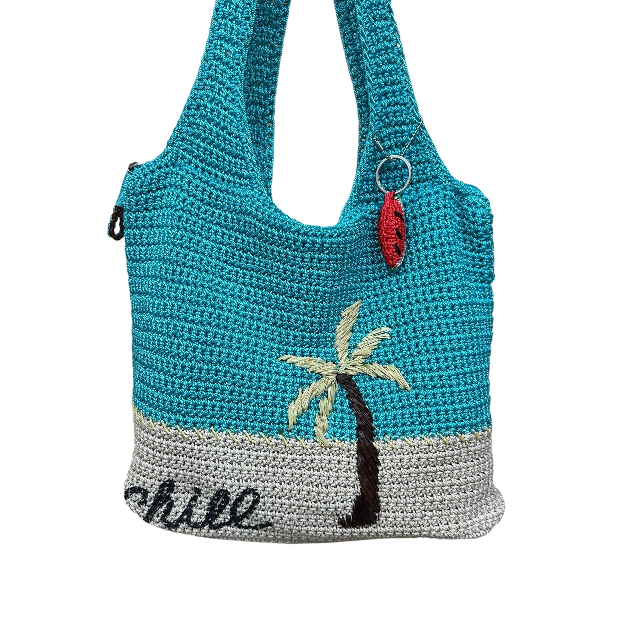 The Sak Blue Tan Palm Tree Crochet Shoulder Bag