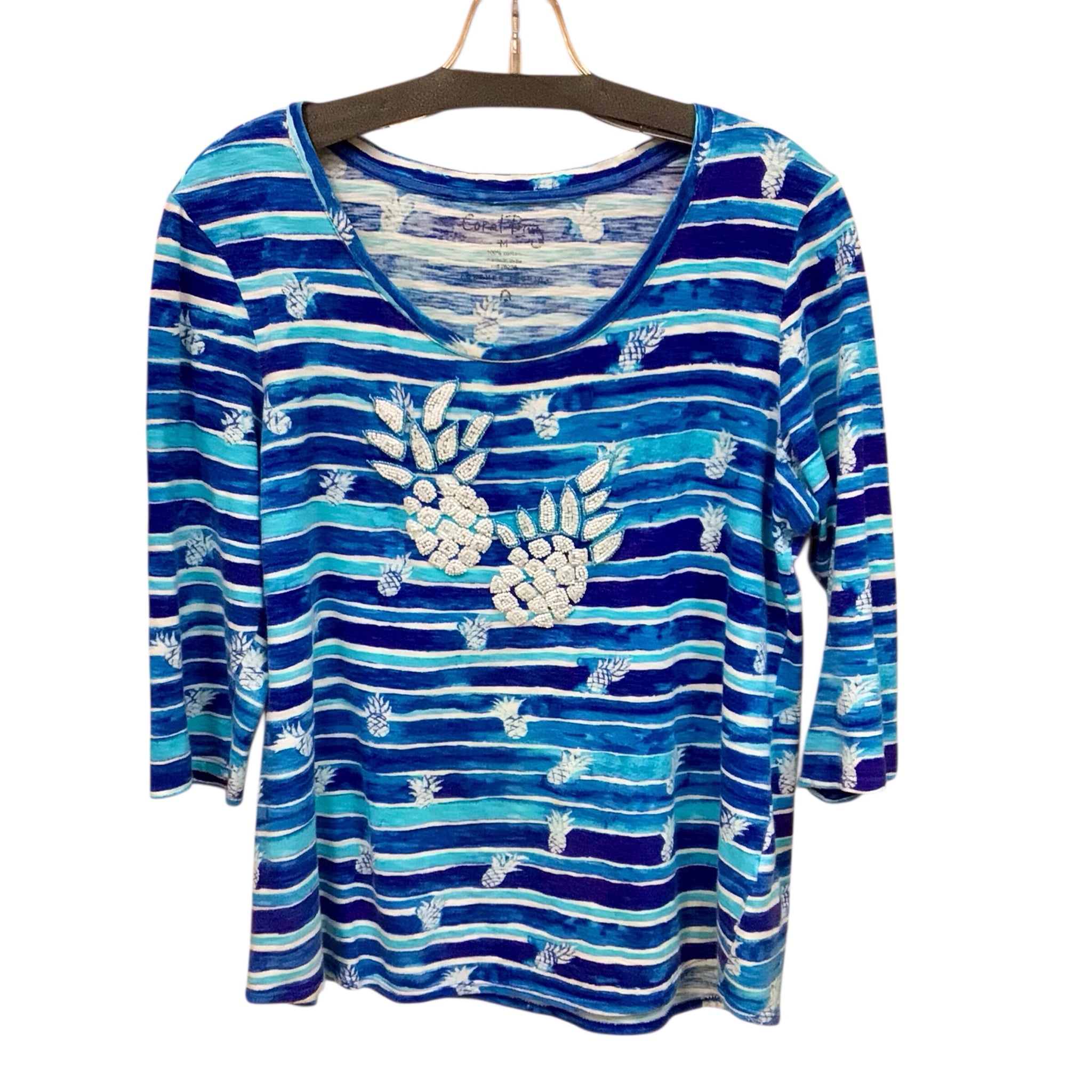 Coral Bay Blue Pineapple 3/4 Sleeve Top Size Medium