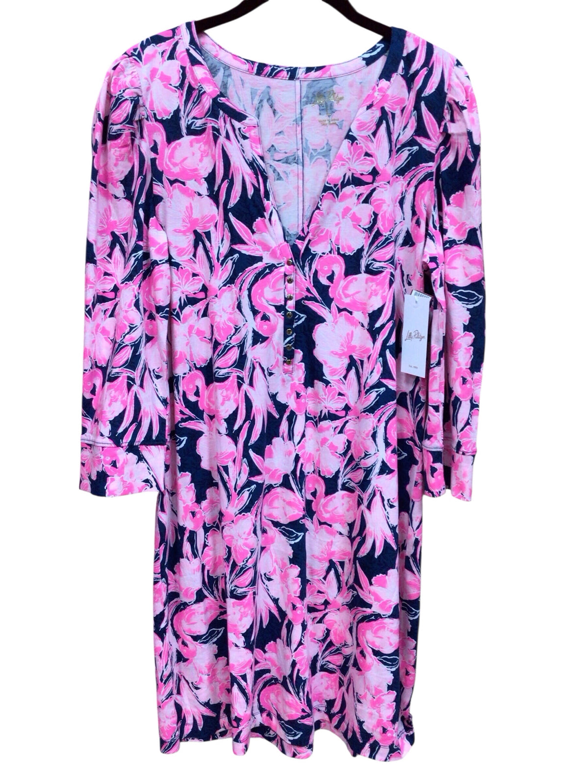 Lilly Pulitzer "Marlie" 3/4 Sleeve "Inky Navy Flamingle" Dress Size Large