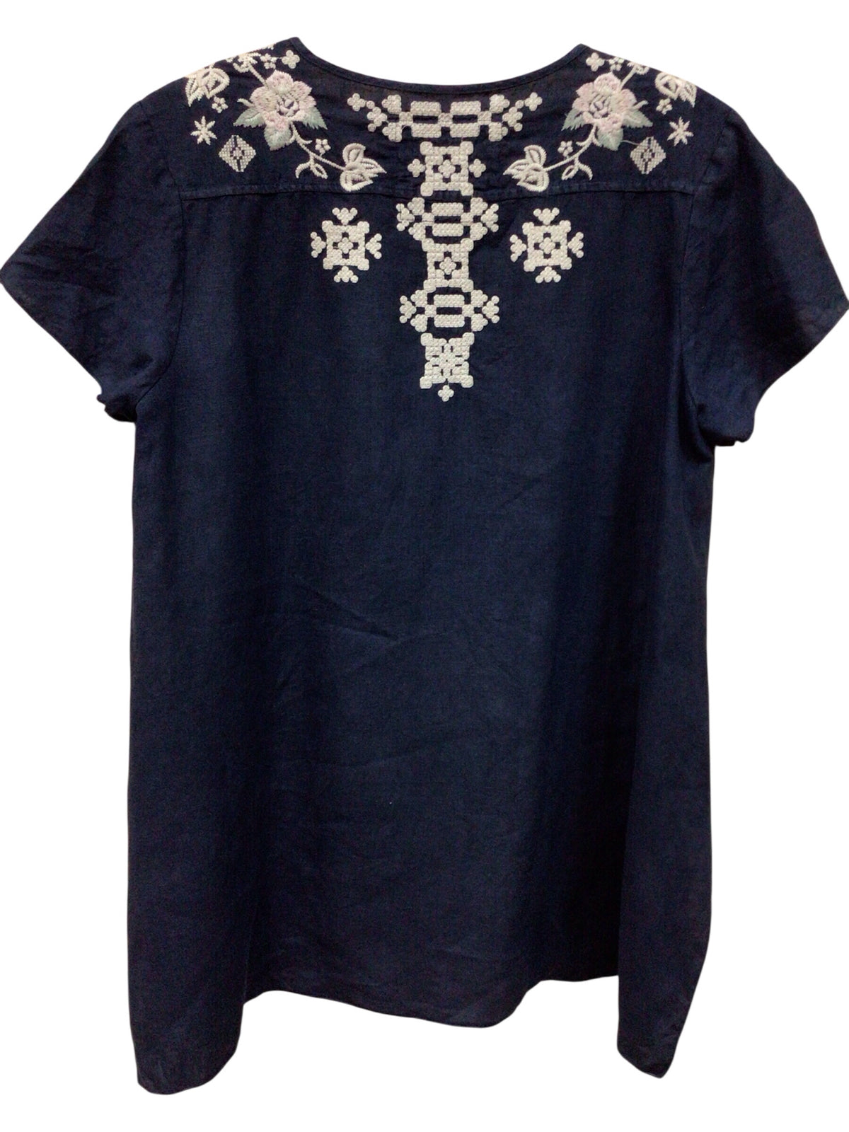 Johnny Was JW Los Angeles Joy Love Light Short Sleeve Navy Top Size Medium