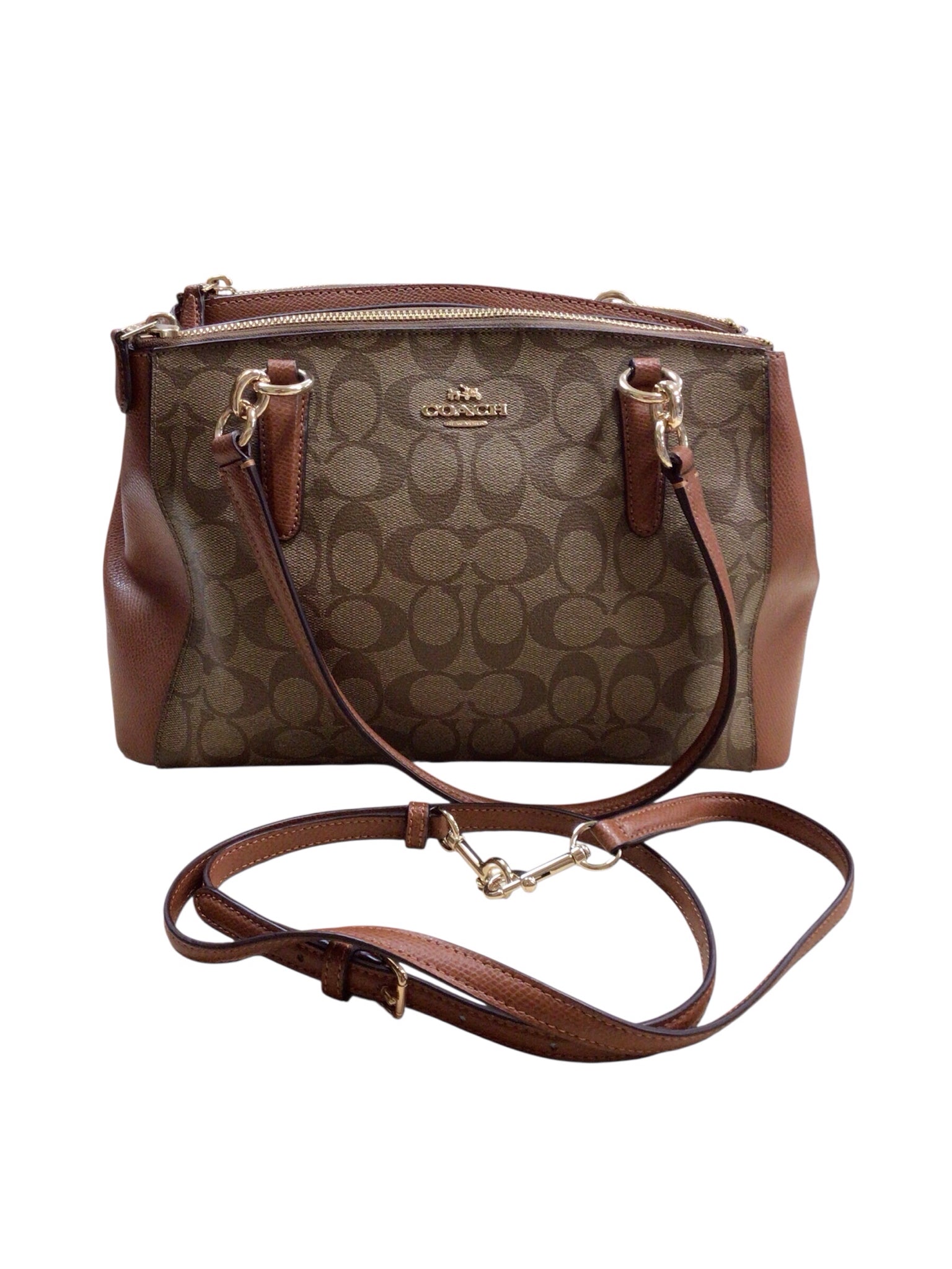 Coach "Christie" Carryall Brown Coated Canvas Monogram Crossbody Satchel