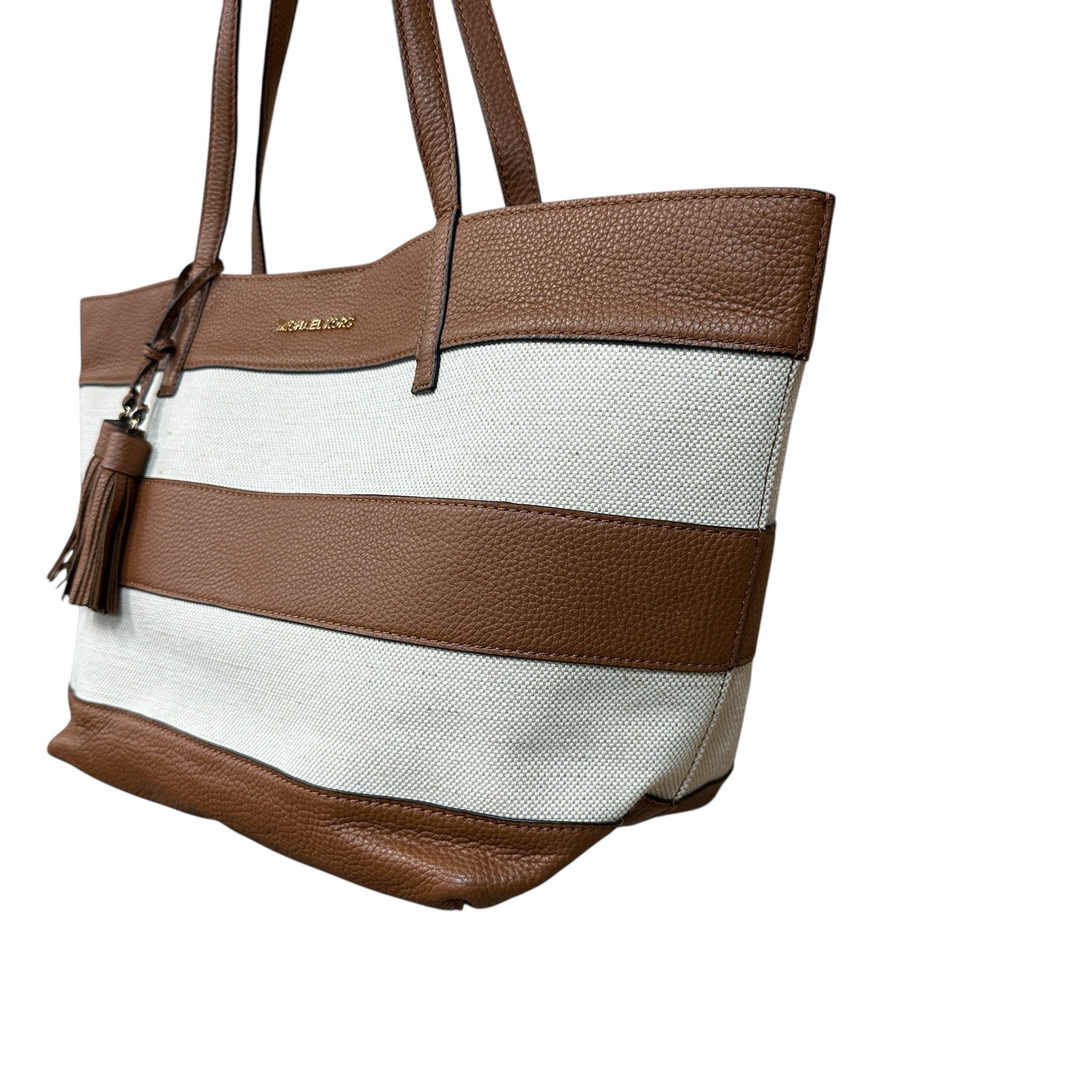 Michael Kors "East West" Striped Leather & Canvas Tote Bag
