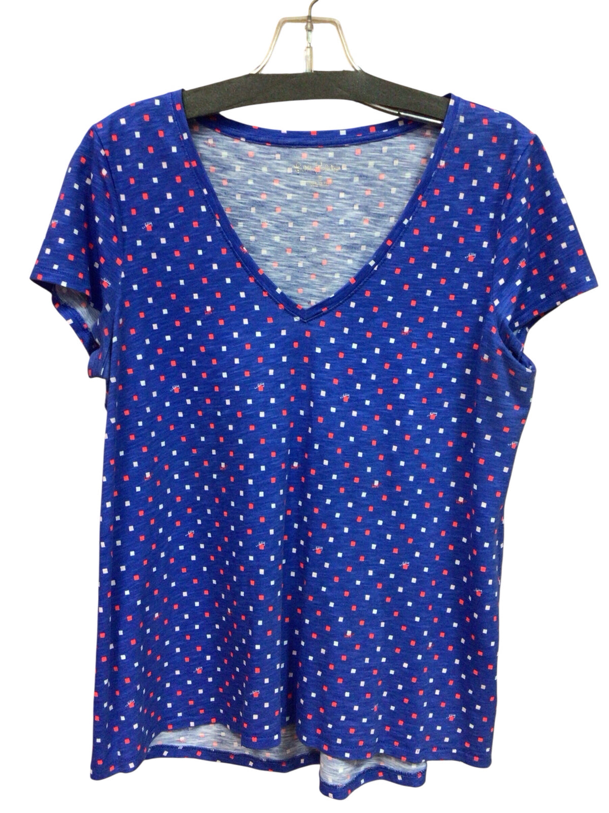 Lilly Pulitzer "Etta" V-Neck "Borealis Blue Lilly Squared" Short Sleeve Top Size Small