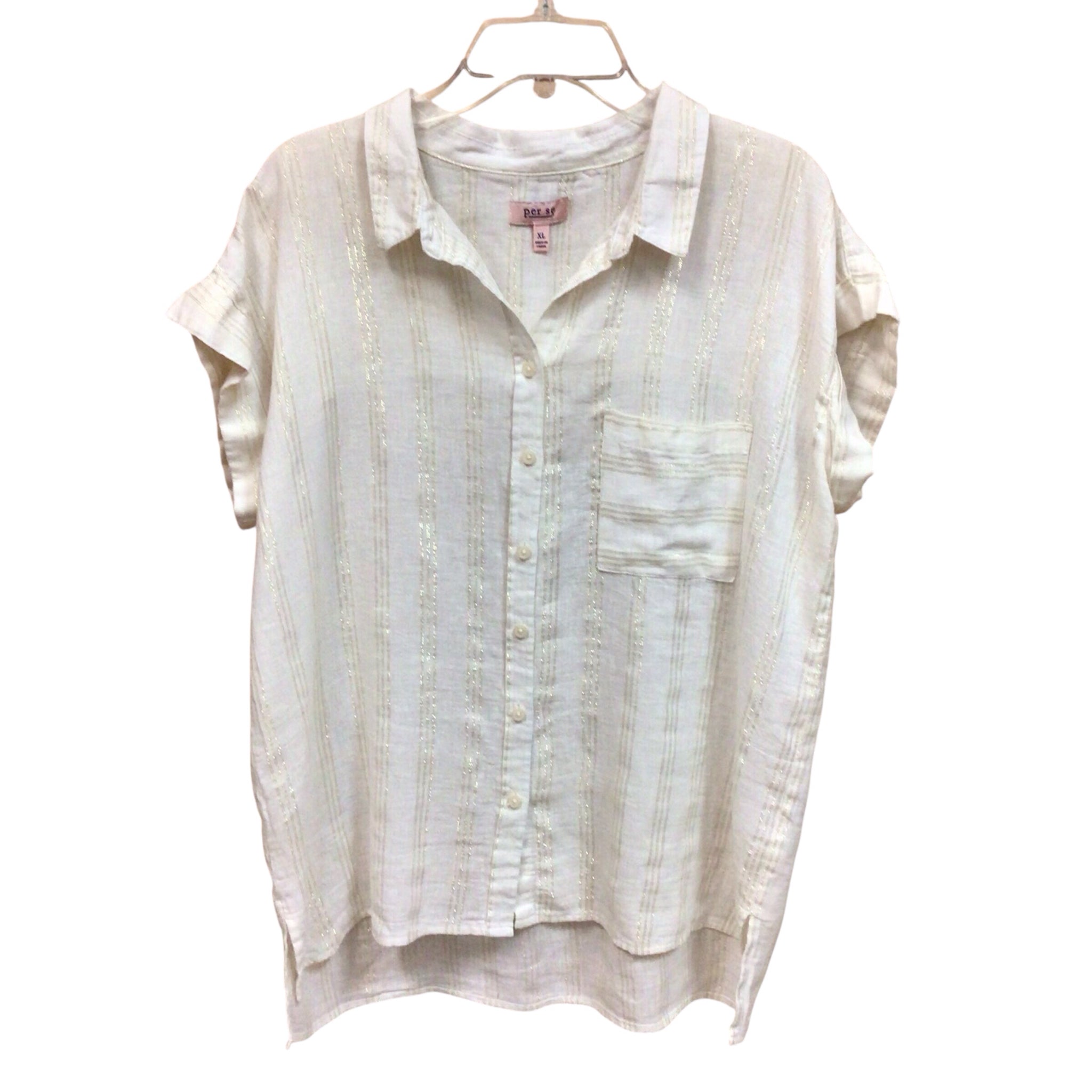 Per Se White & Gold Button Up Short Sleeve Top Size XL