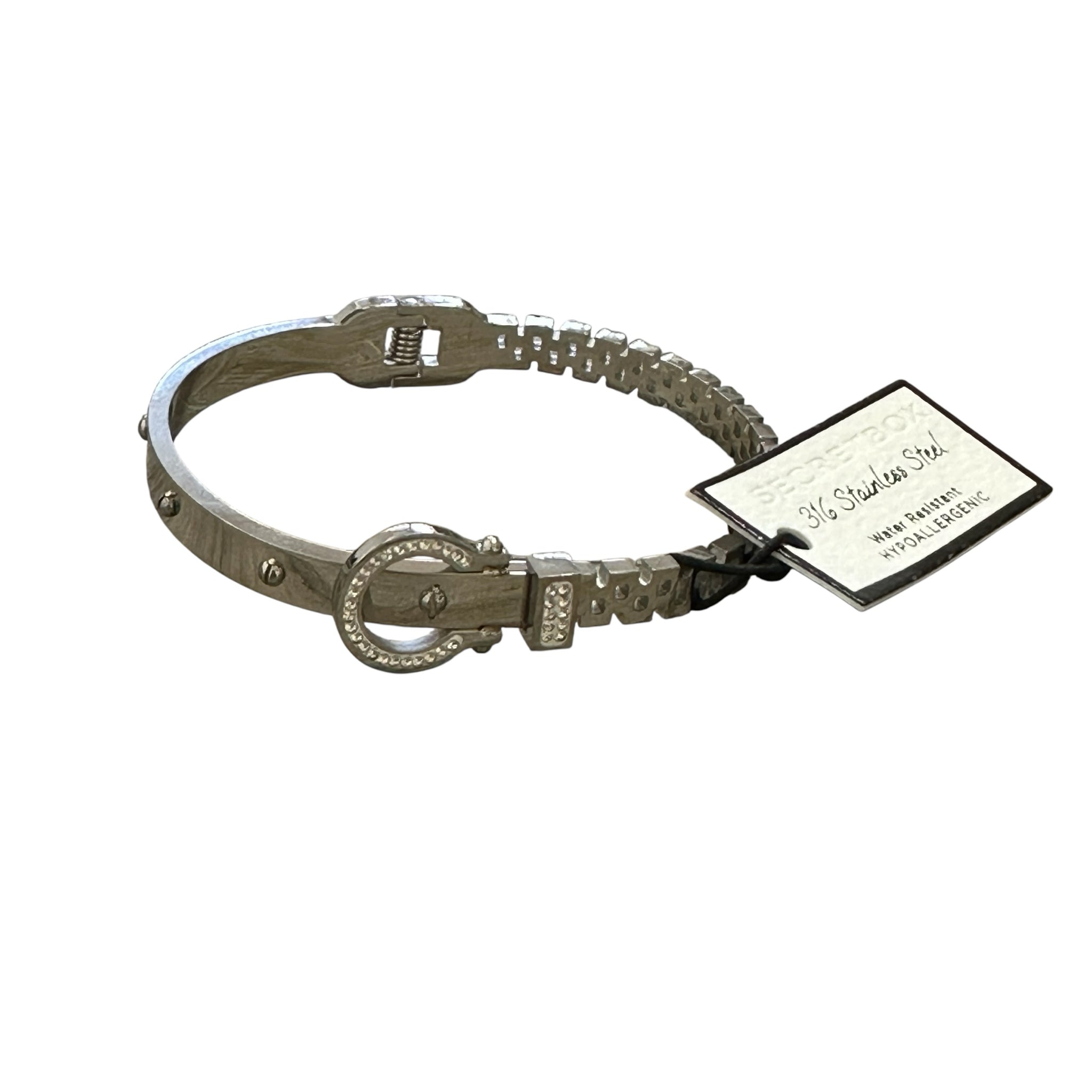 Secret Box Stainless Steel Stone Paved Horseshoe Buckle Hinged Bangle Bracelet