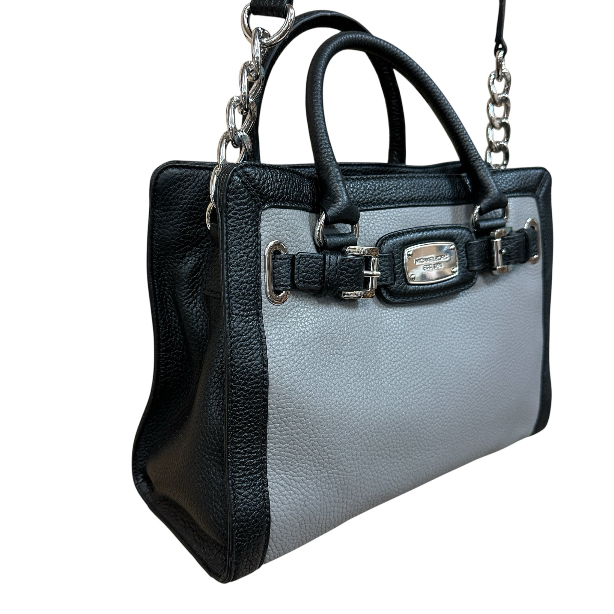Michael Kors "Hamilton Frame Out" Black & Gray Leather Satchel Crossbody