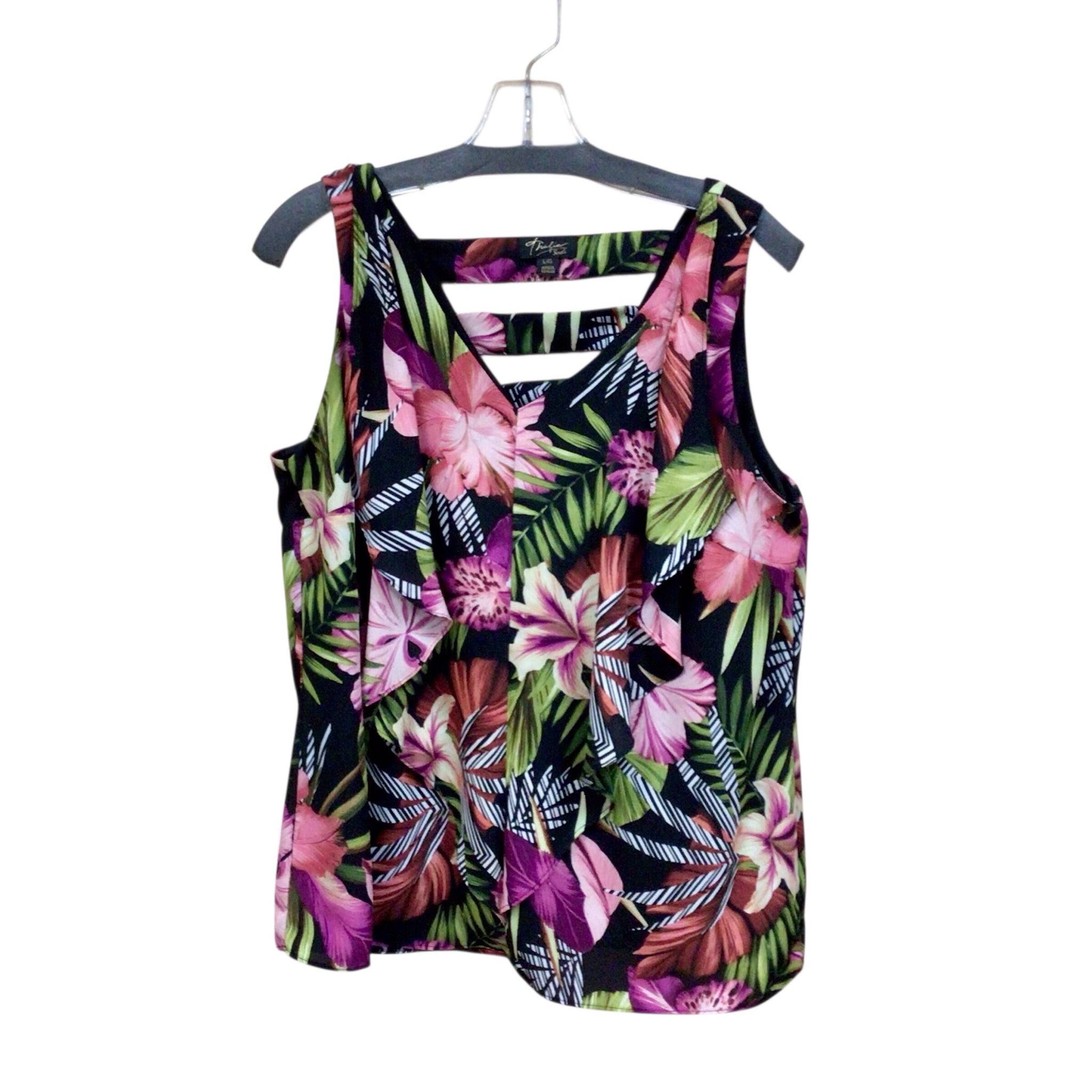 Thalia Sodi Black & Pink Floral Sleeveless Top Size Large