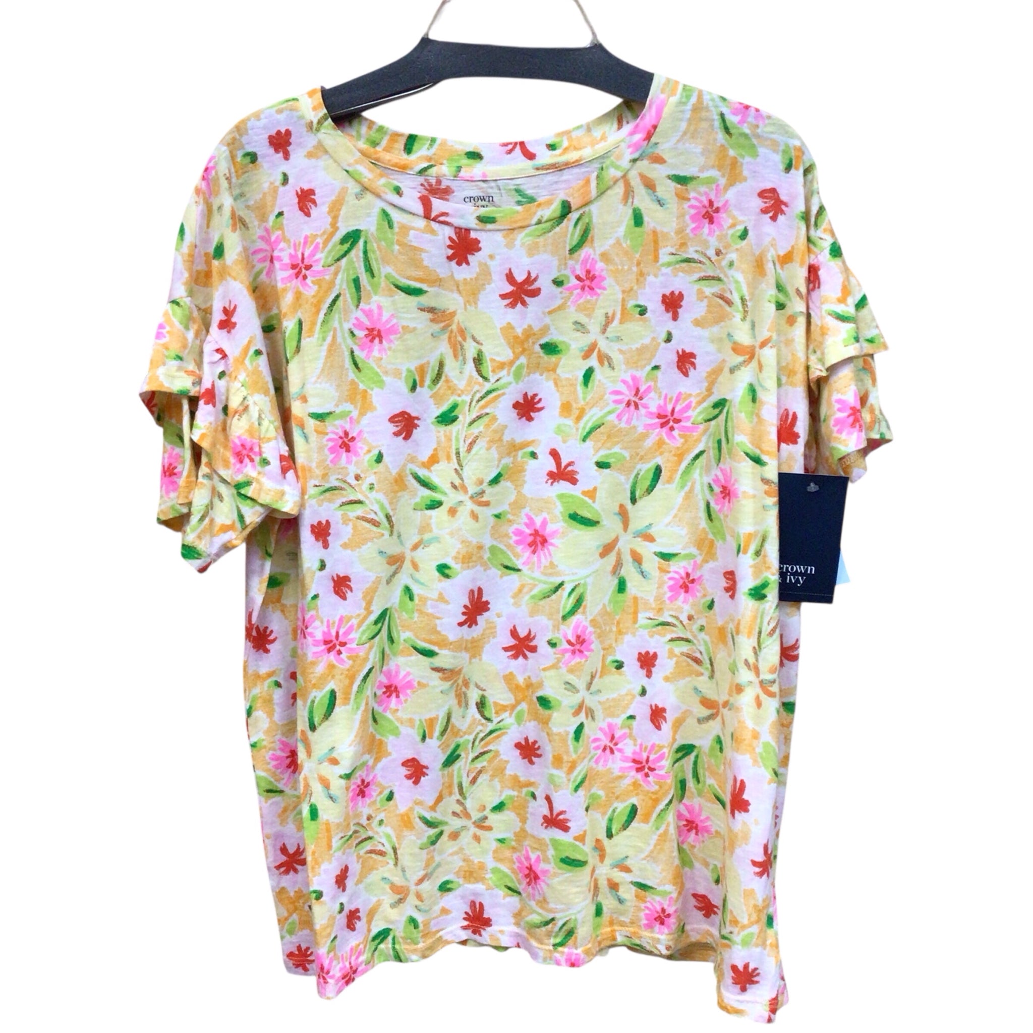 Crown & Ivy Yellow Floral Short Sleeve Top Size XL NWT