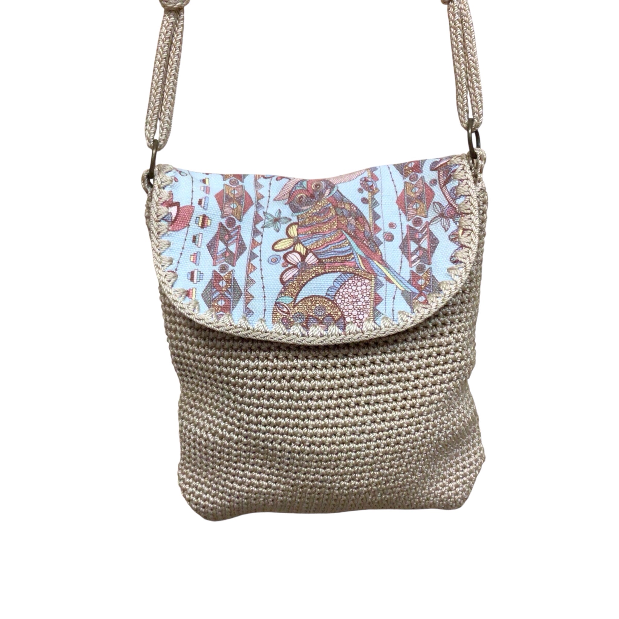 Sakroots Crochet Tan Crossbody Bag with Owl on Front