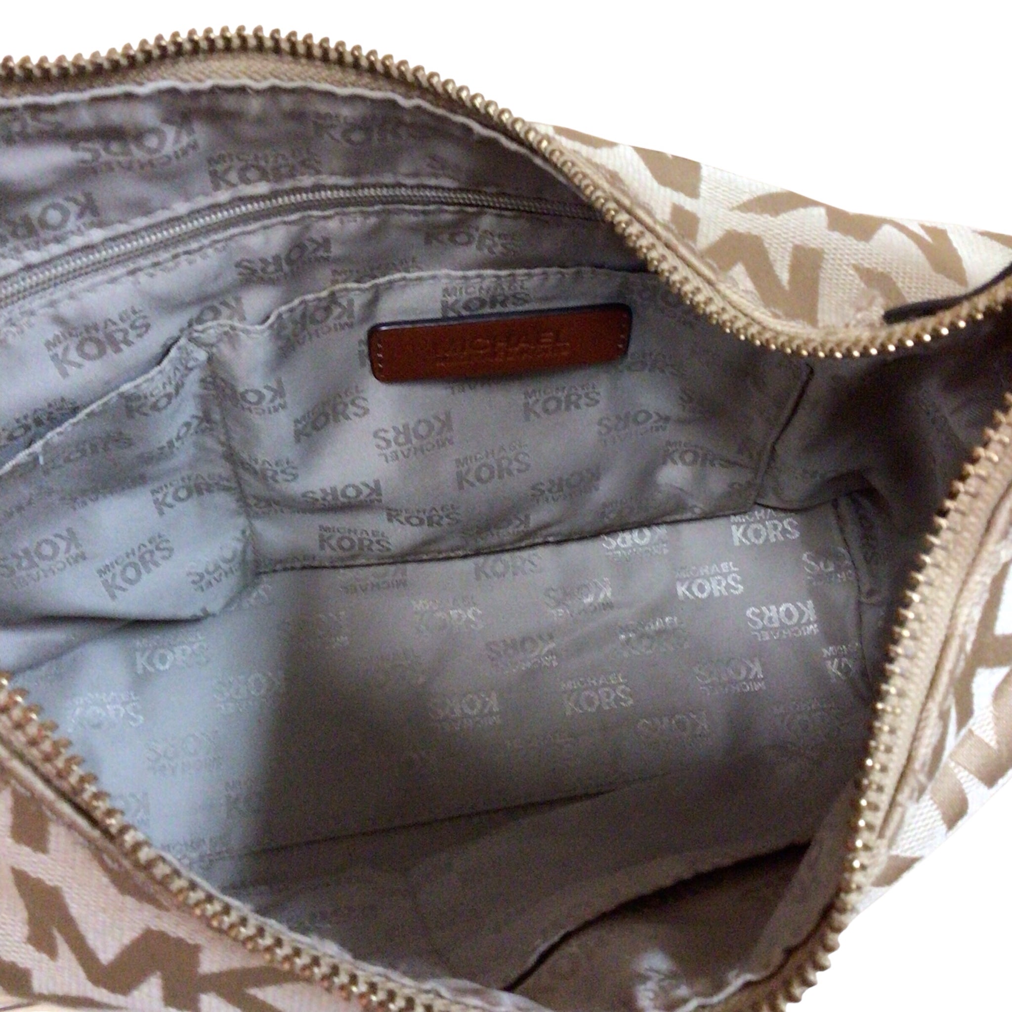 Michael Kors "Millbrook" Signature Logo Jacquard Tan Shoulder Bag