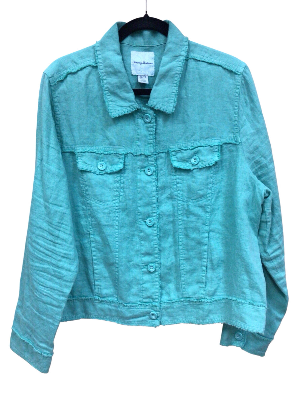 Tommy Bahama Teal "Two Palms" Raw Edge Linen Button Down Jacket Size XL